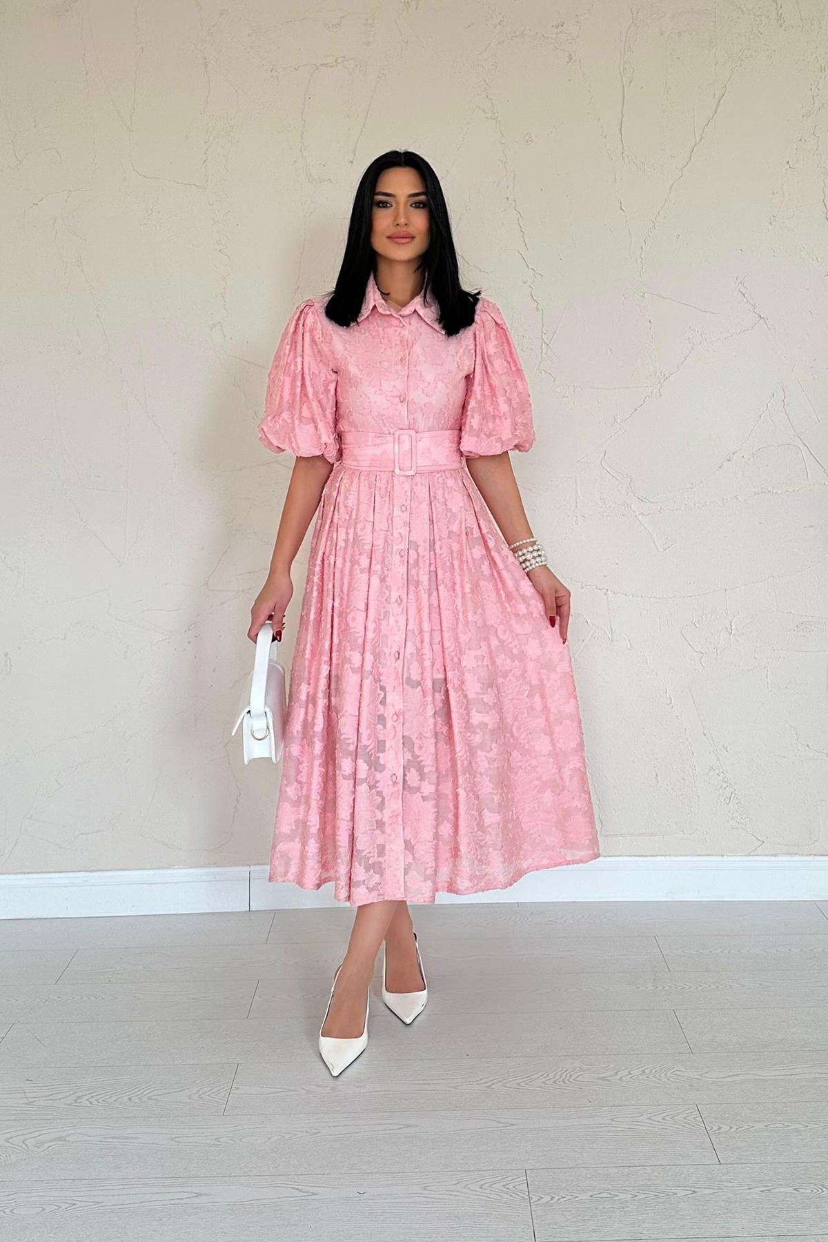 Wholesale Pink Belted Balloon Sleeve Dress