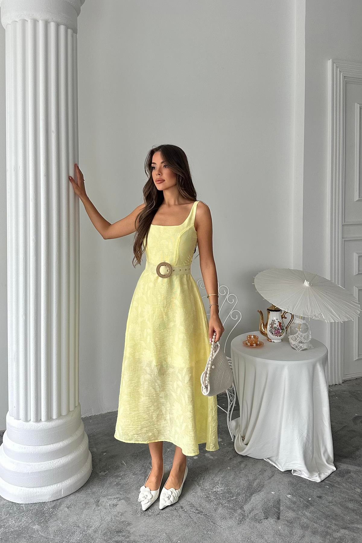 Toptan Sarı Kuplu Uzun Elbise