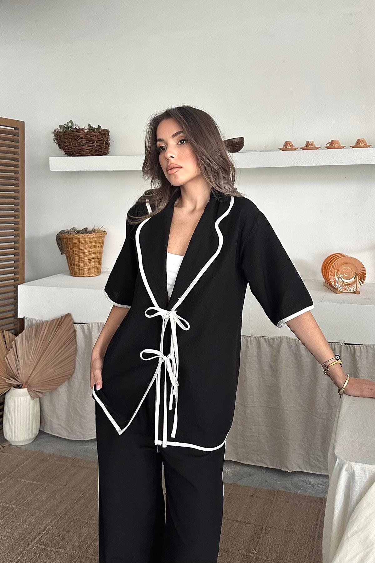 Toptan Siyah Biye Detaylı Keten Takım