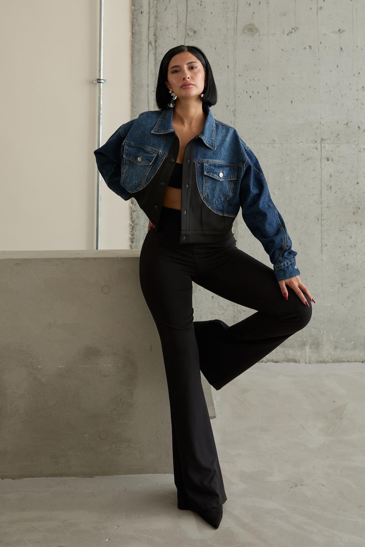 Wholesale Black Denim Scuba Garnish Jacket