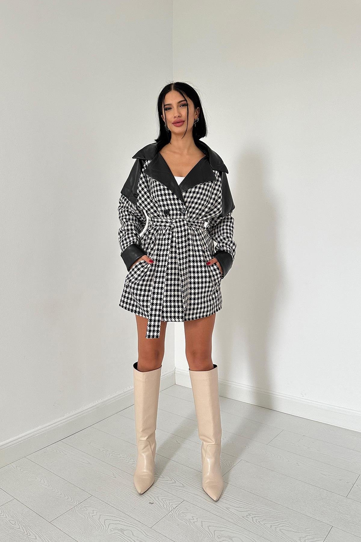 Wholesale Black Leather Collar Houndstooth Coat