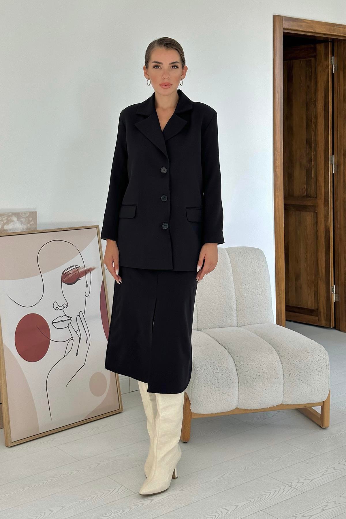 Wholesale Black Buttoned Jacket and Skirt Set