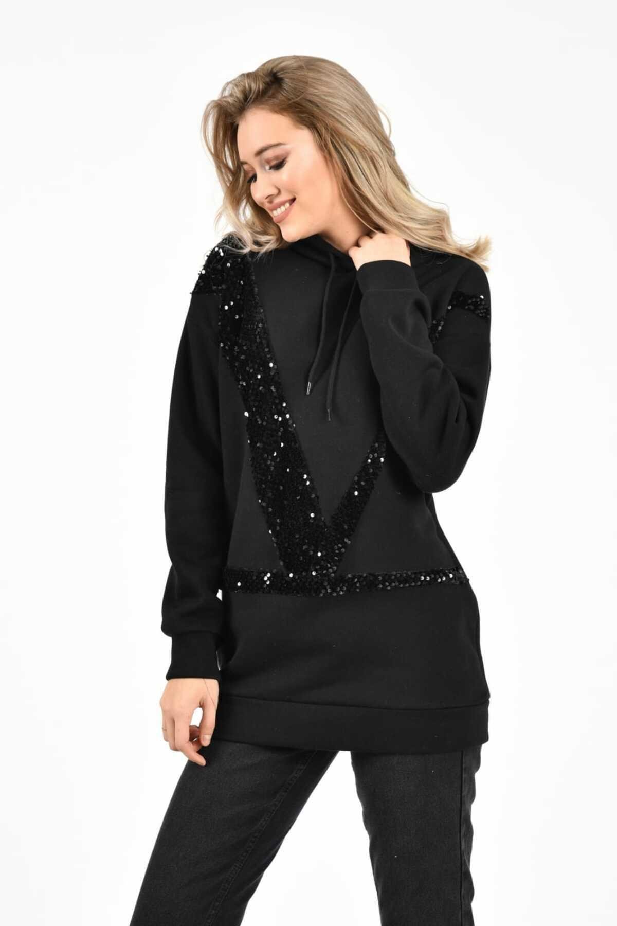 Toptan Siyah Kapüşonlu ve Siyah Pullu Sweatshirt