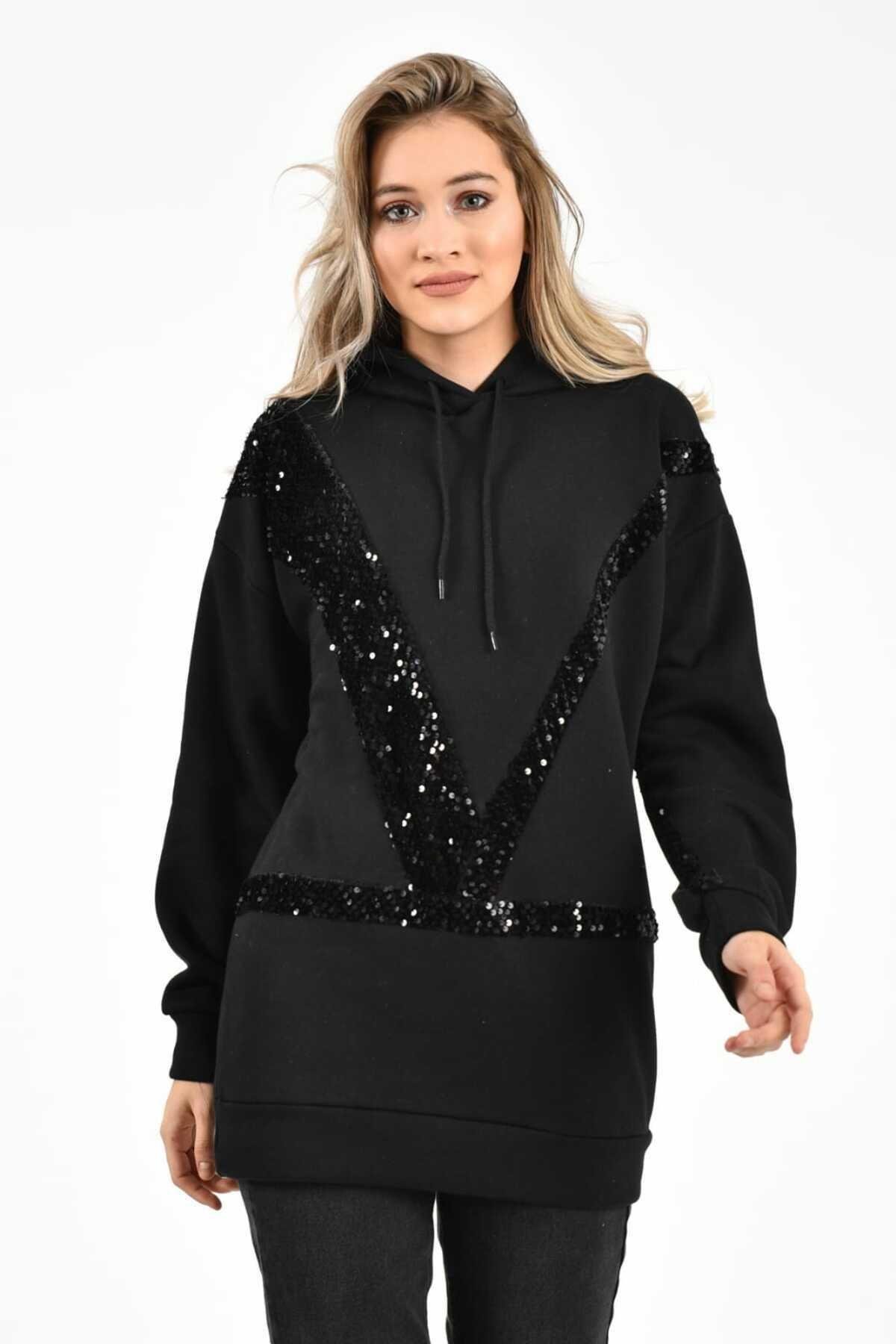 Toptan Siyah Kapüşonlu ve Siyah Pullu Sweatshirt