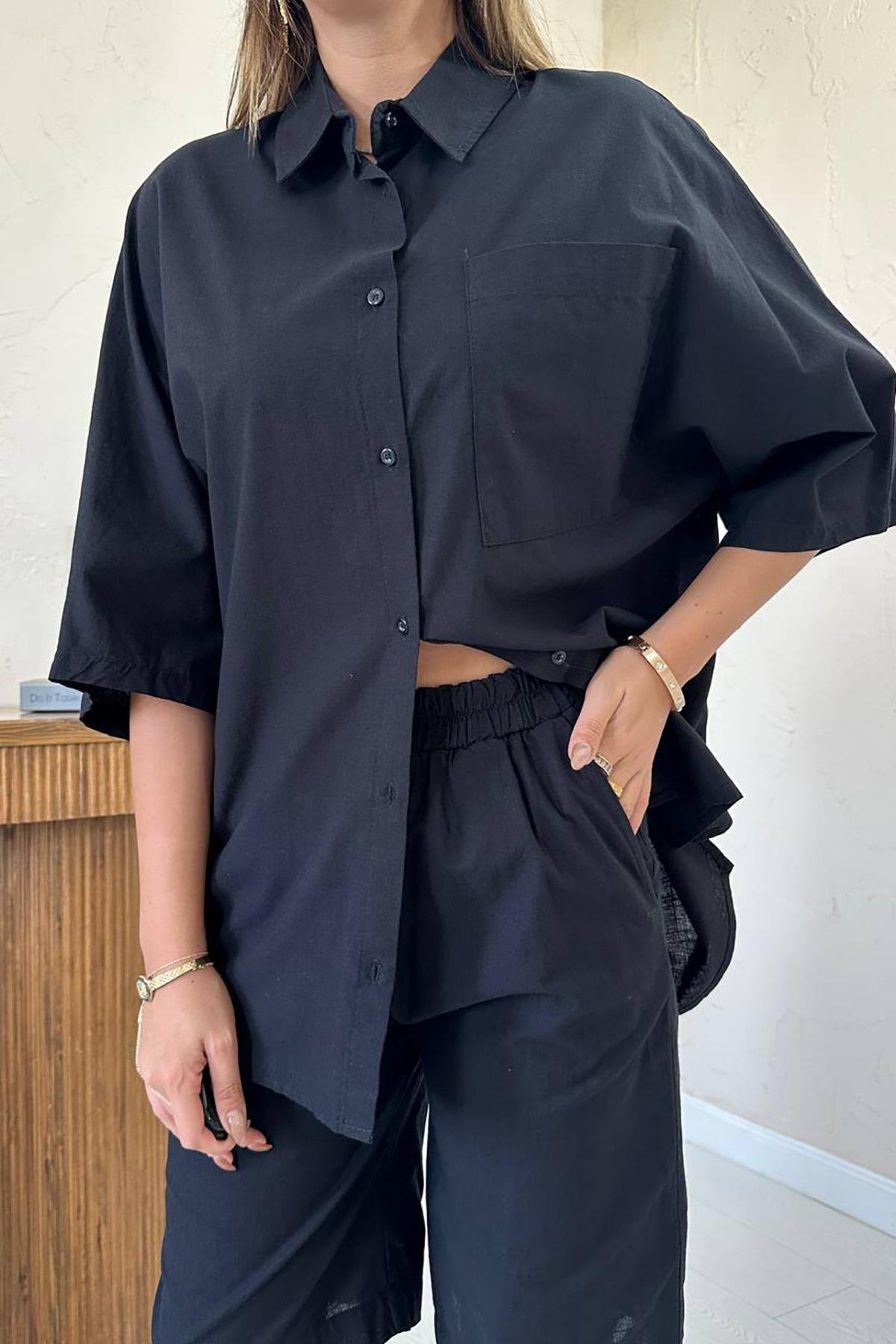 Wholesale Black Short Sleeve Linen Shirt and Shorts Set