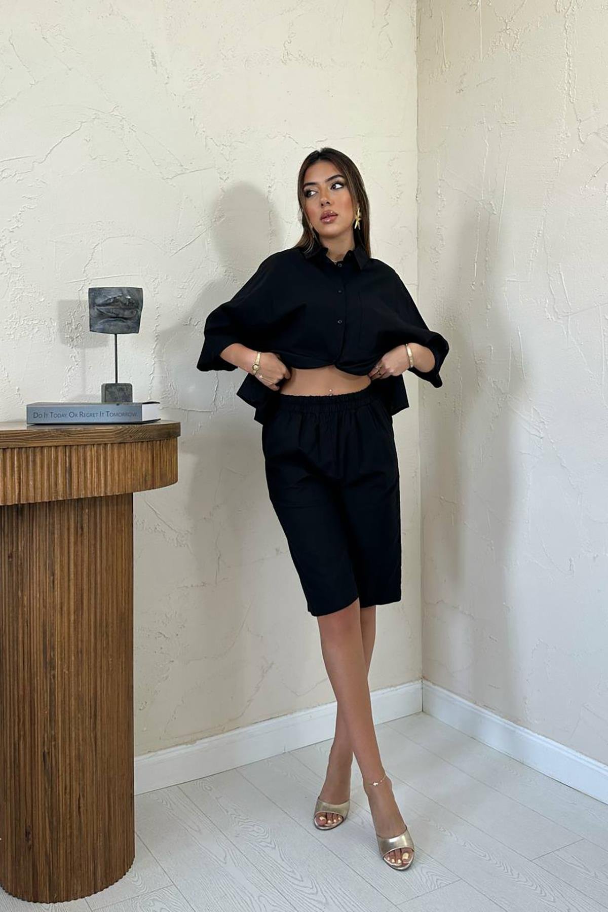Wholesale Black Short Sleeve Linen Shirt and Shorts Set