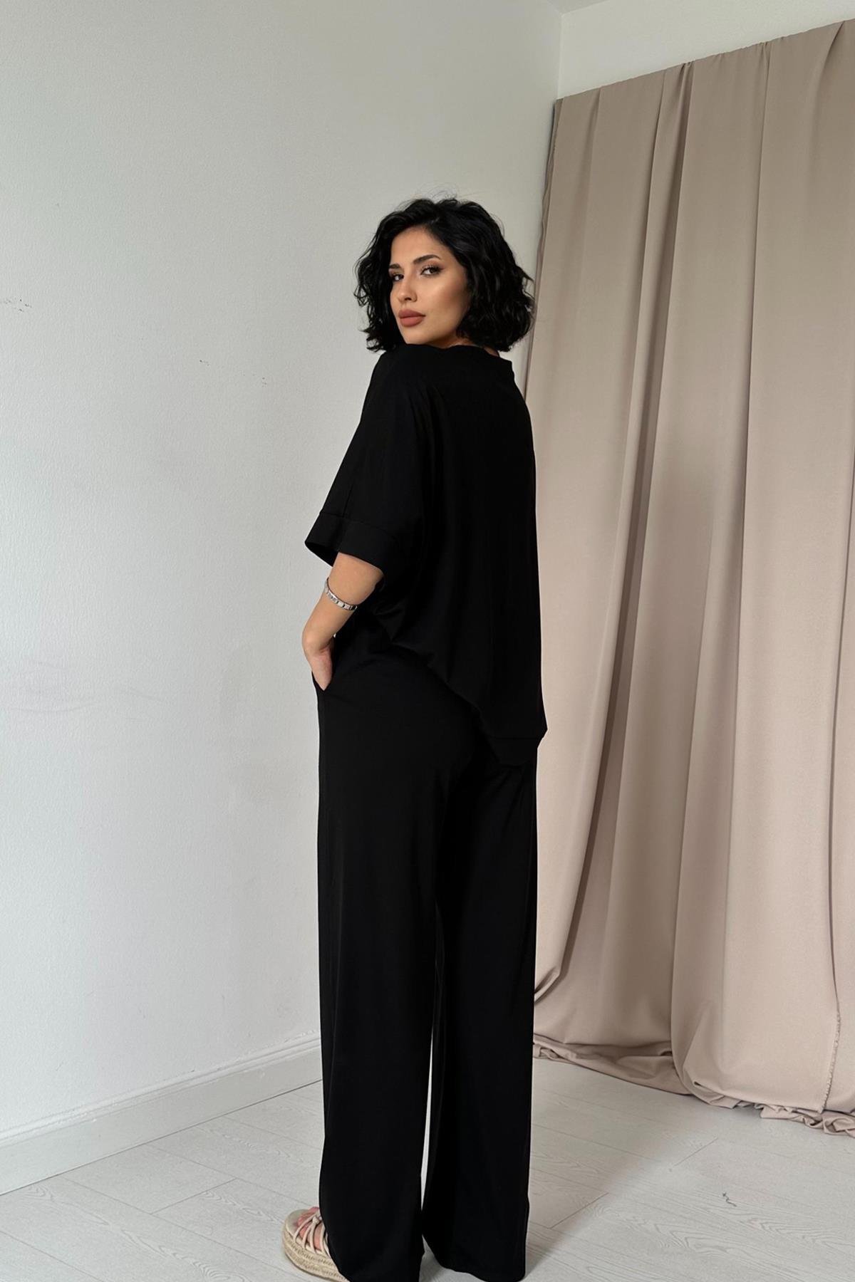 Toptan Siyah Modal Bluz ve Pantolon Takım
