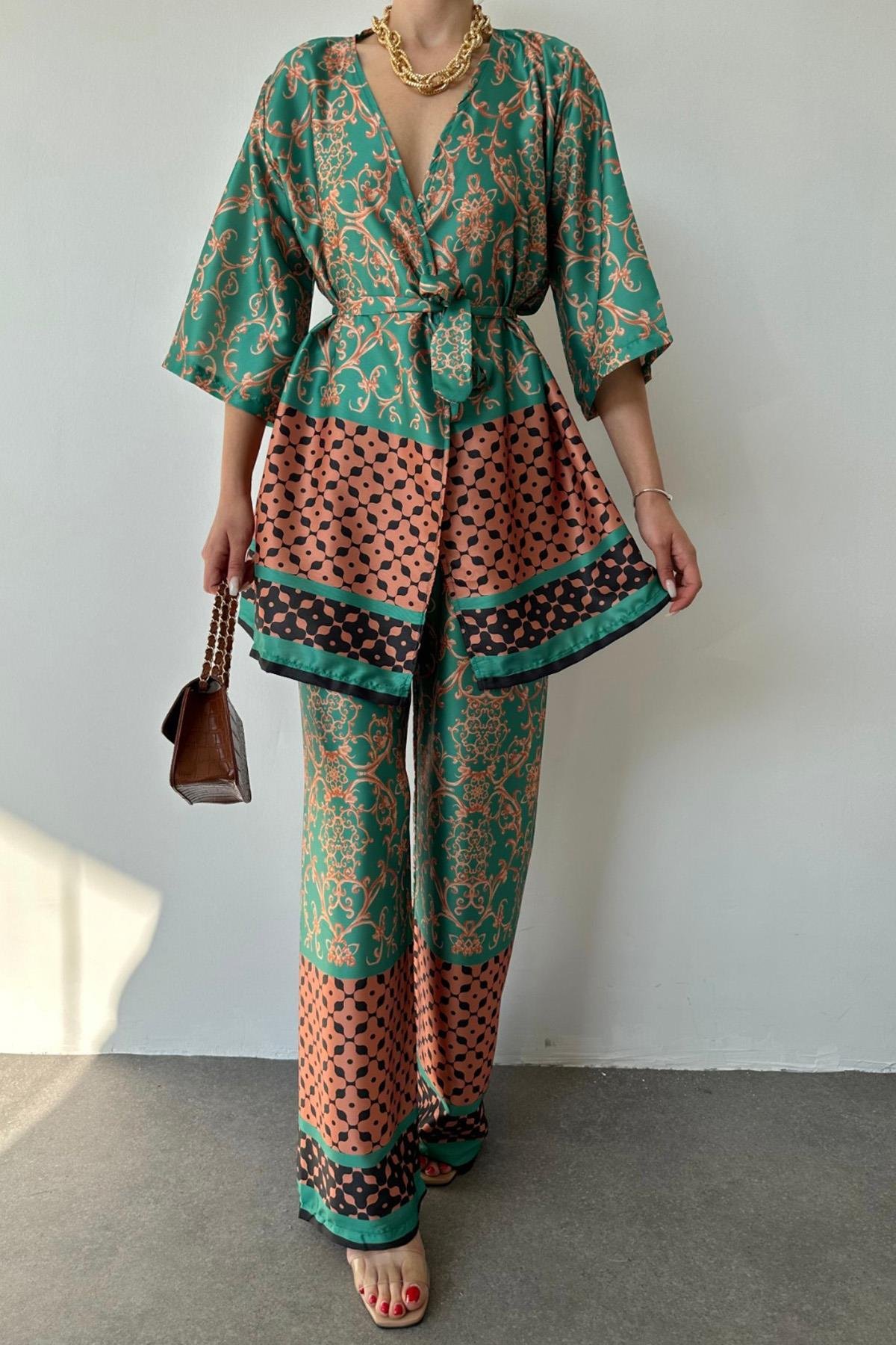 Wholesale Green Patterned Kimono and Trouser Set