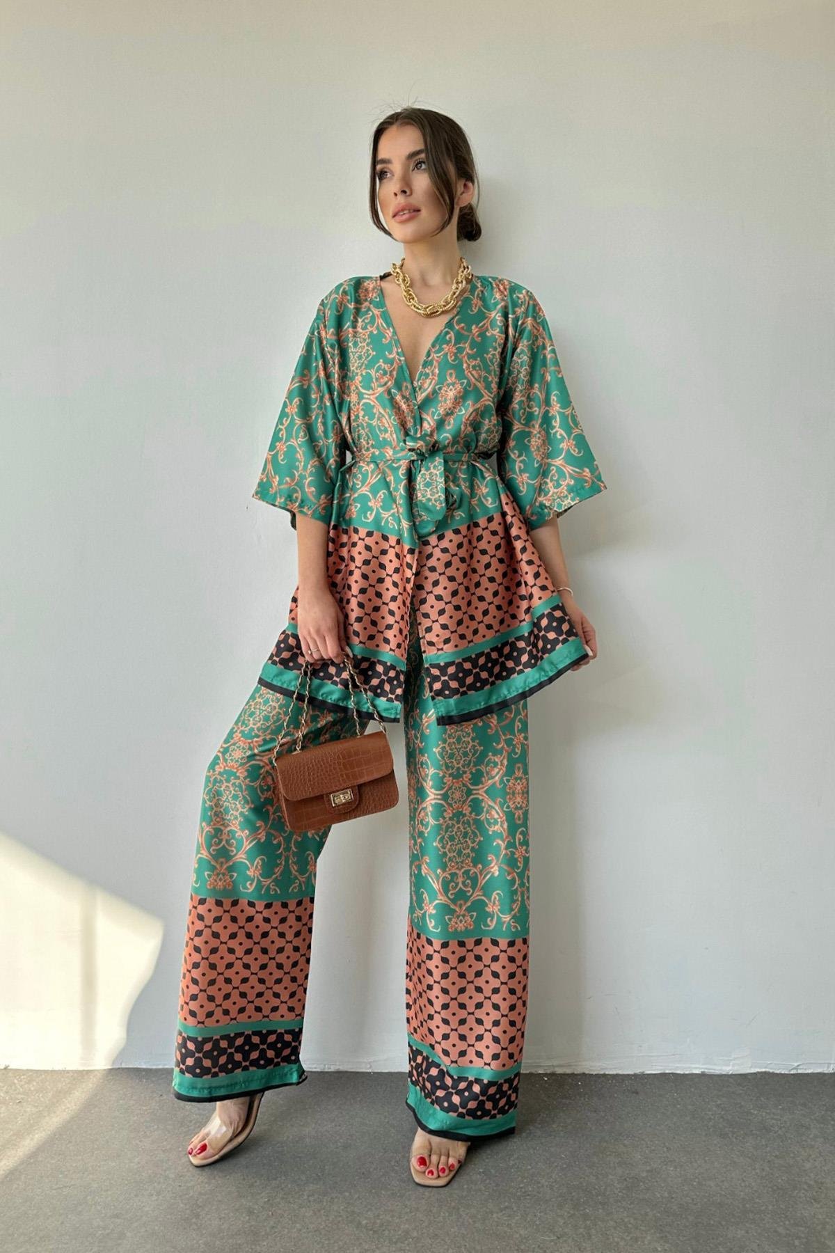 Wholesale Green Patterned Kimono and Trouser Set