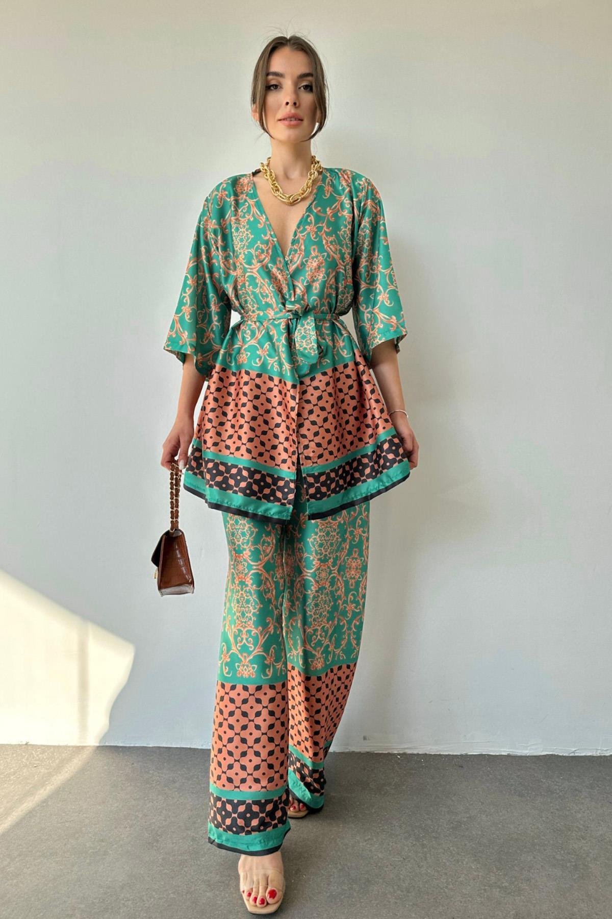 Wholesale Green Patterned Kimono and Trouser Set