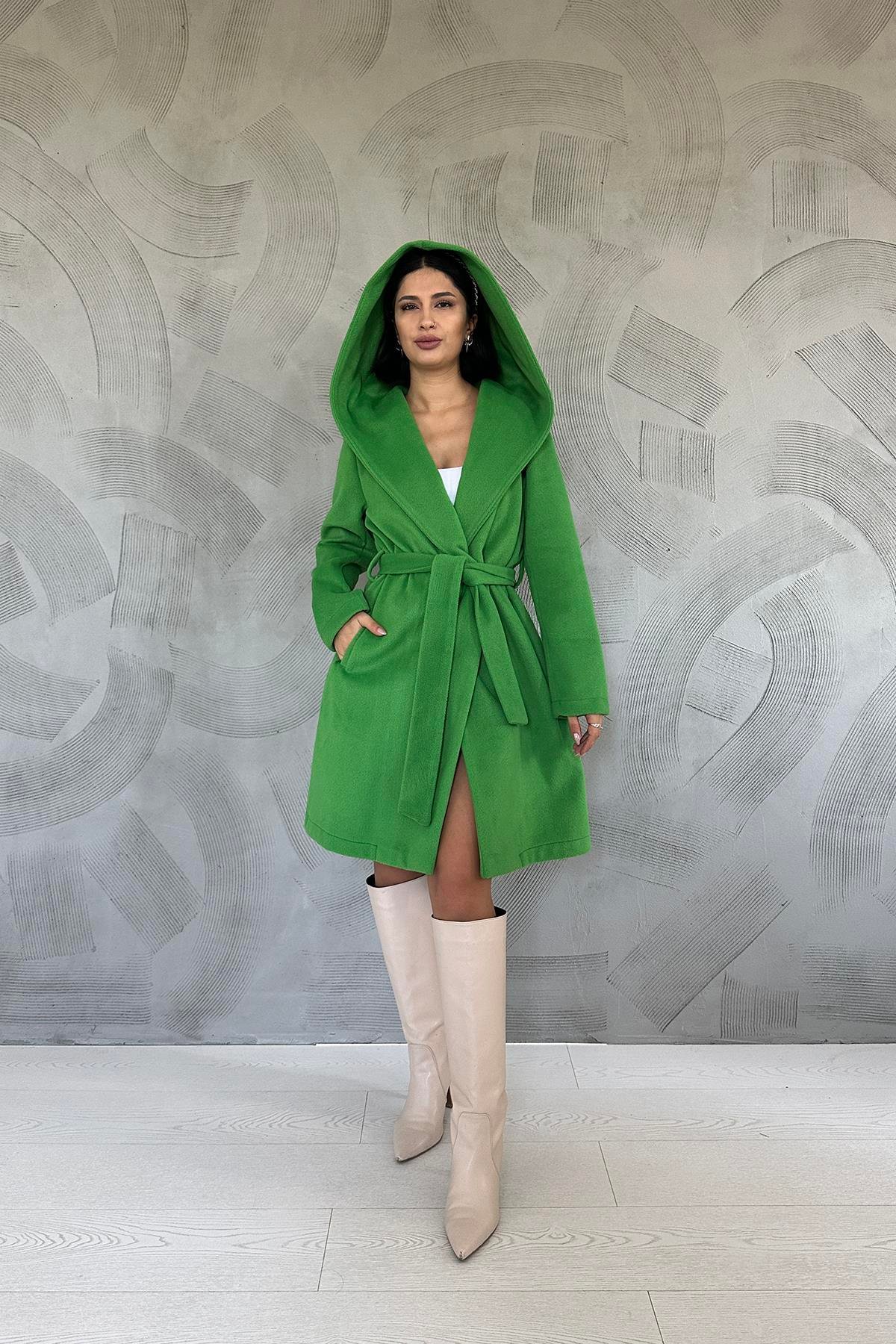 Wholesale Green Hooded Belted Coat