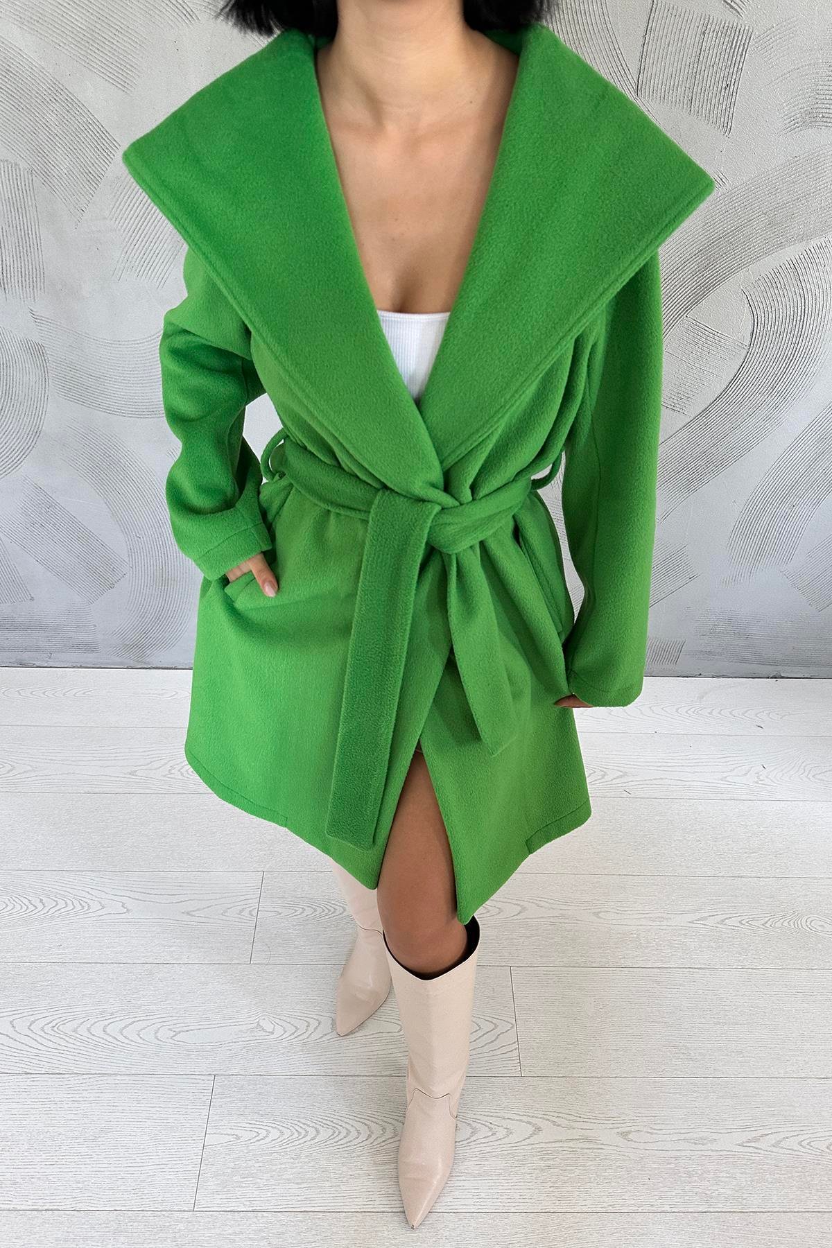Wholesale Green Hooded Belted Coat