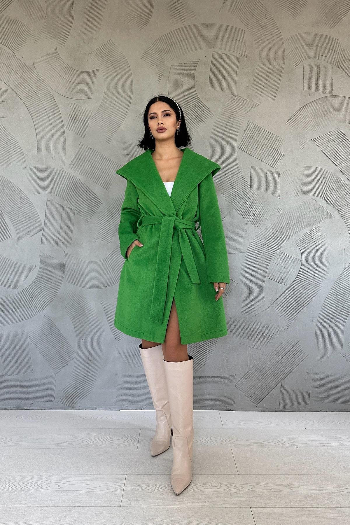 Wholesale Green Hooded Belted Coat