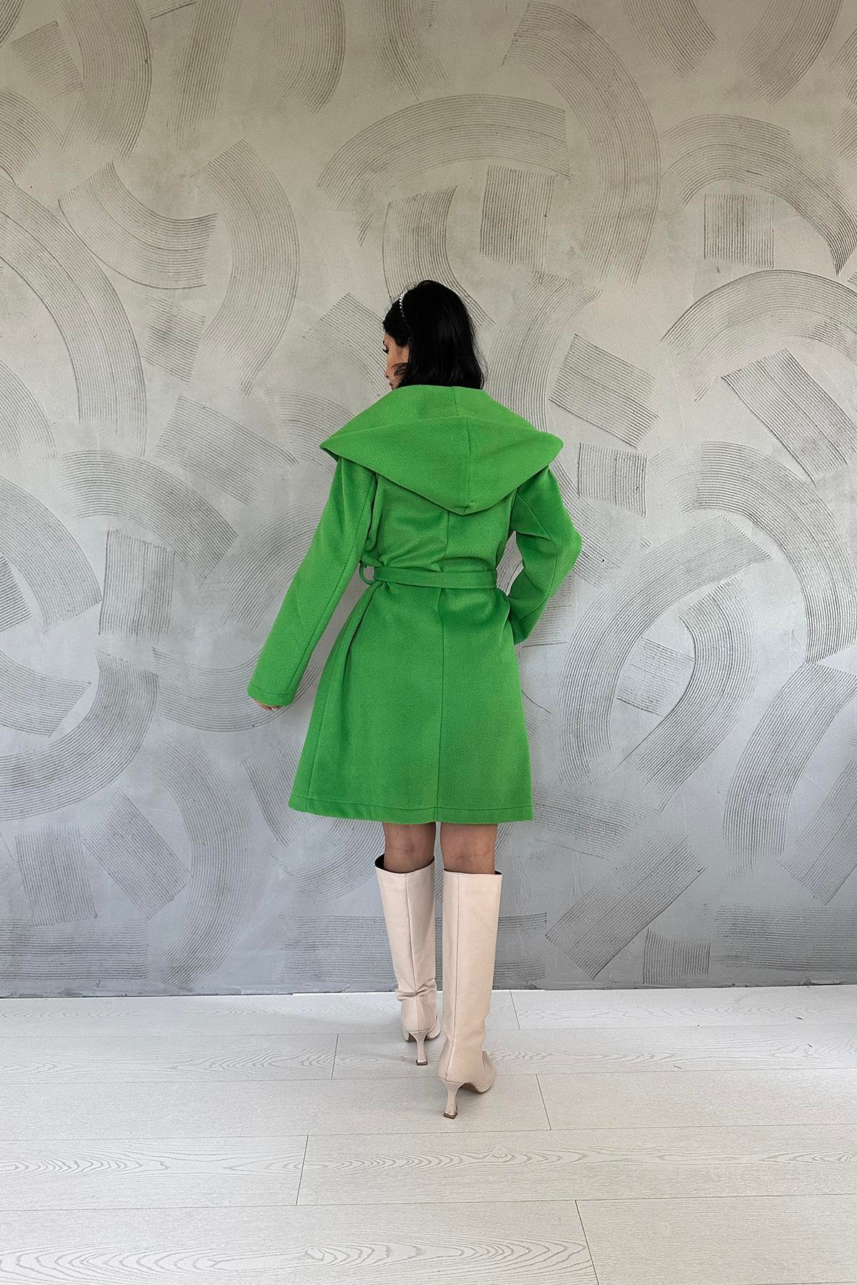 Wholesale Green Hooded Belted Coat