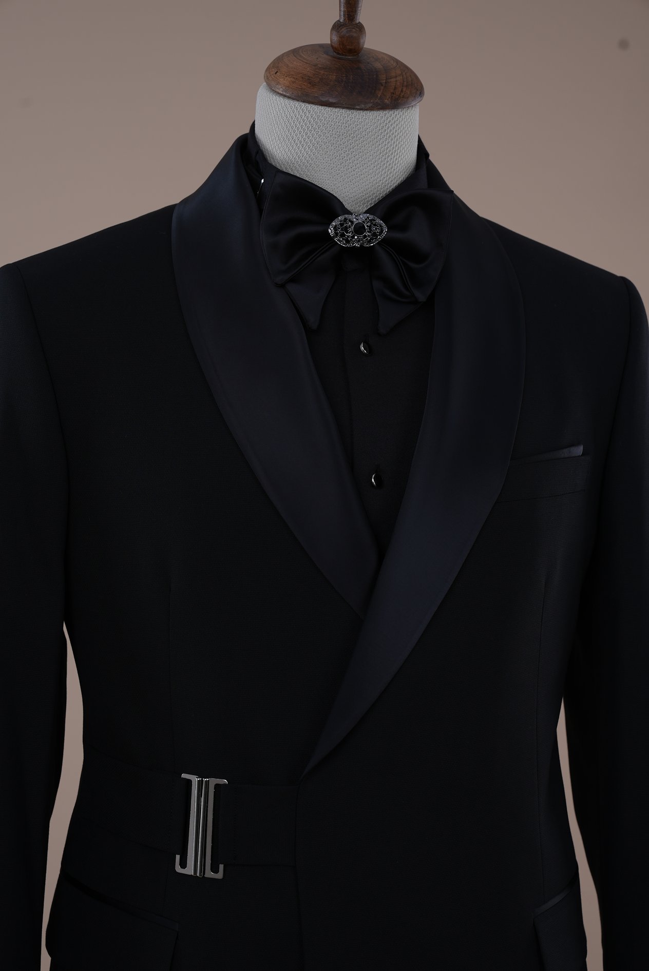 Erkek Tokalı Kruvaze Damatlık Slim fit İtalyan Stil Şal Yaka Ceket Pantolon Papyon-Siyah