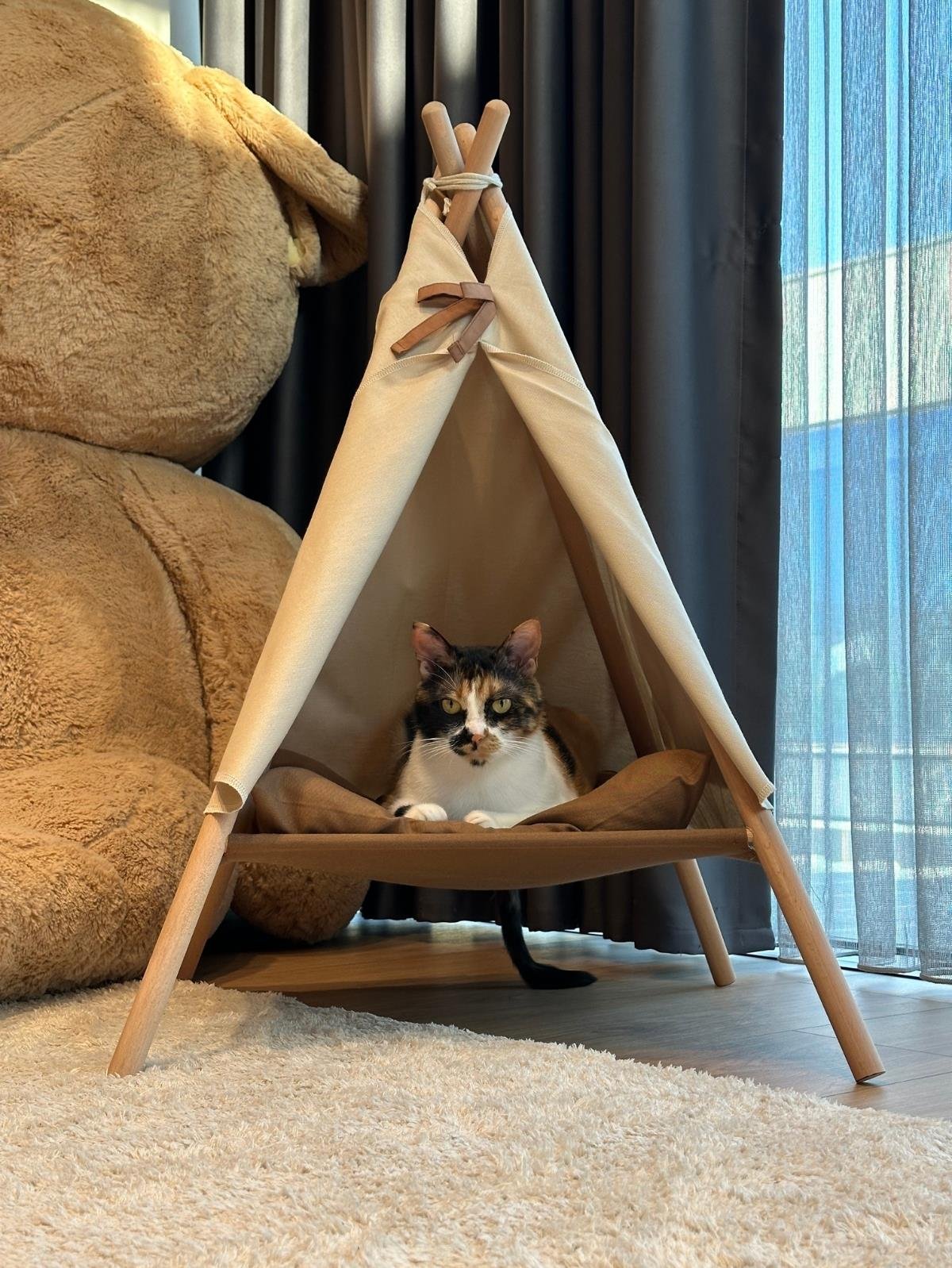 Kedi Çadırı Kedi Yatağı Pofuduk Minderli Bej