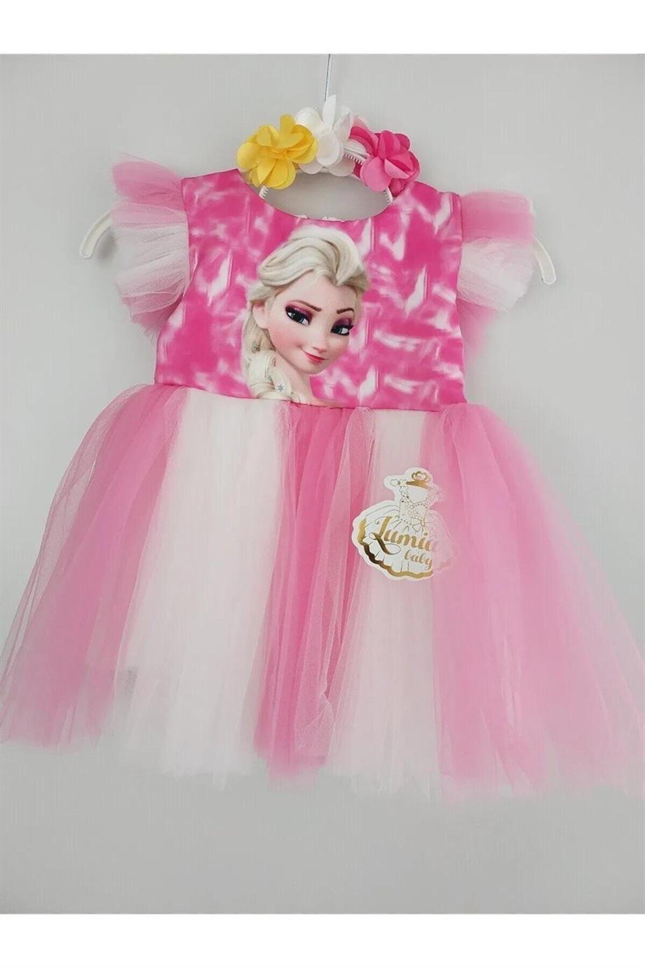 Elsa Krep Kumaş Elbise Pembe 6/9 Yaş