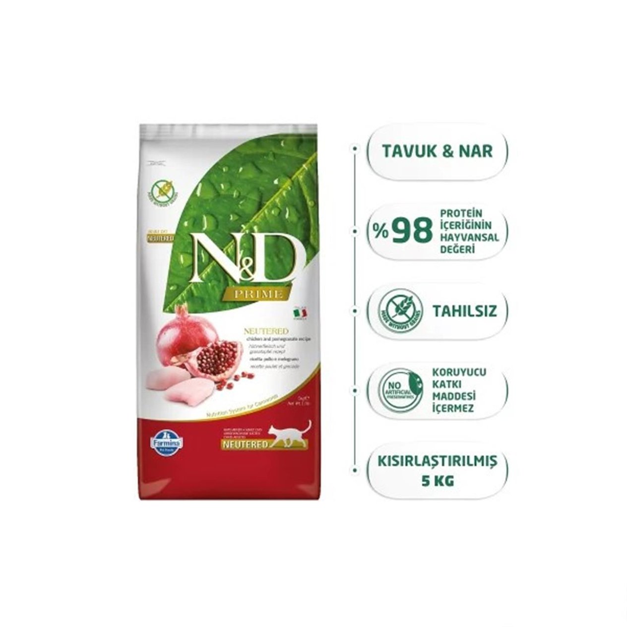 N&D Prime Tavuklu ve Narlı Tahılsız  Kısırlaştırılmış Kedi Maması 5 Kg