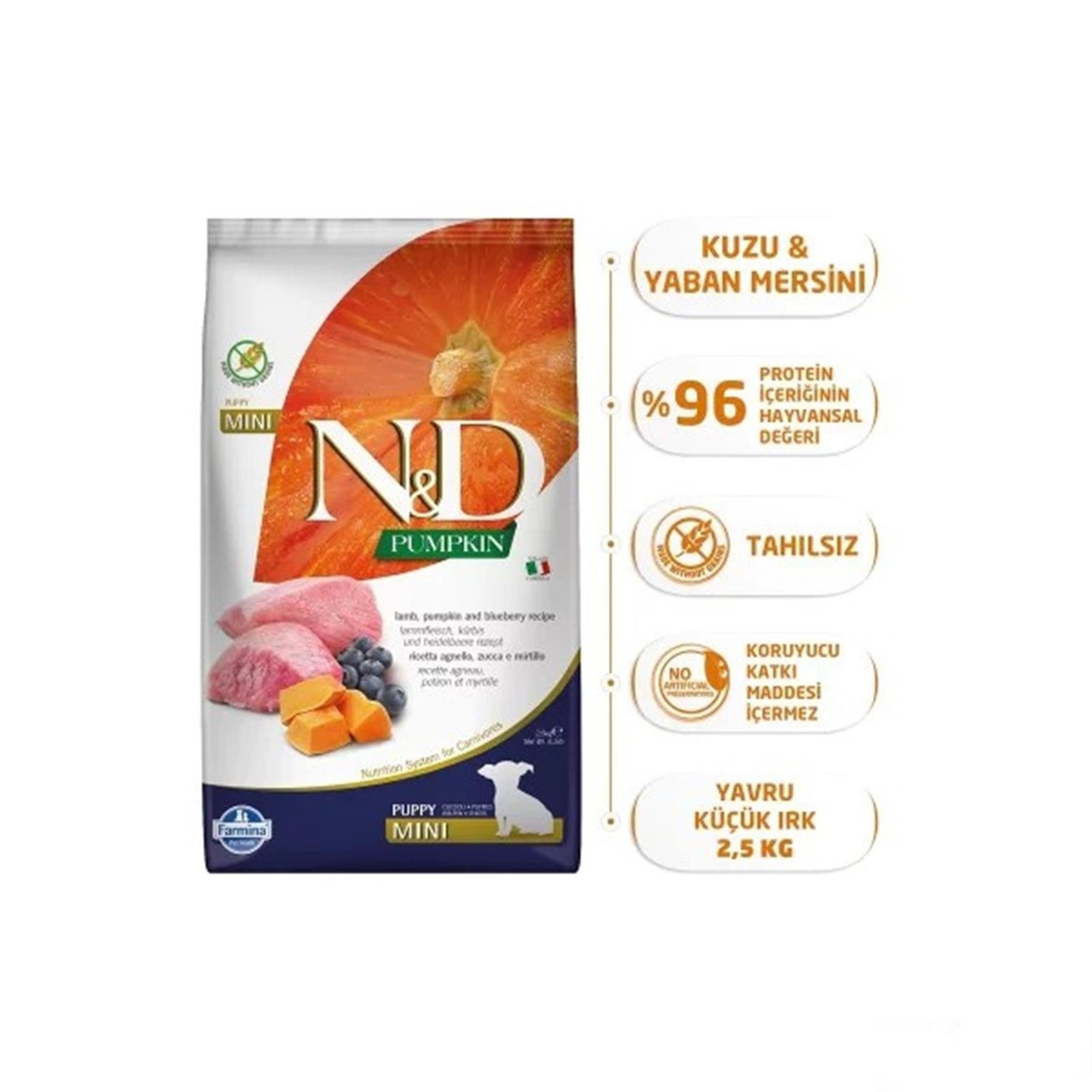 N&D Pumpkin Bal Kabaklı Kuzulu ve Yaban Mersinli  Küçük Irk Tahılsız Yavru Köpek Maması 2,5 Kg