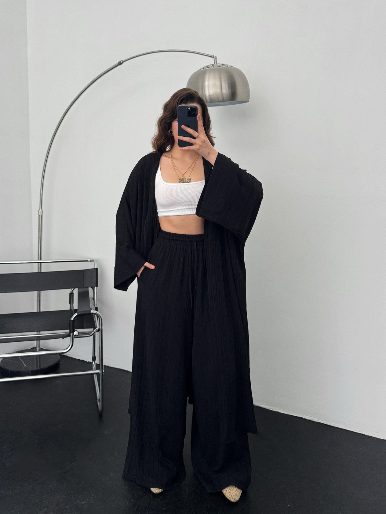 Clara Siyah Gofre Uzun Kimono Pantolon Takım