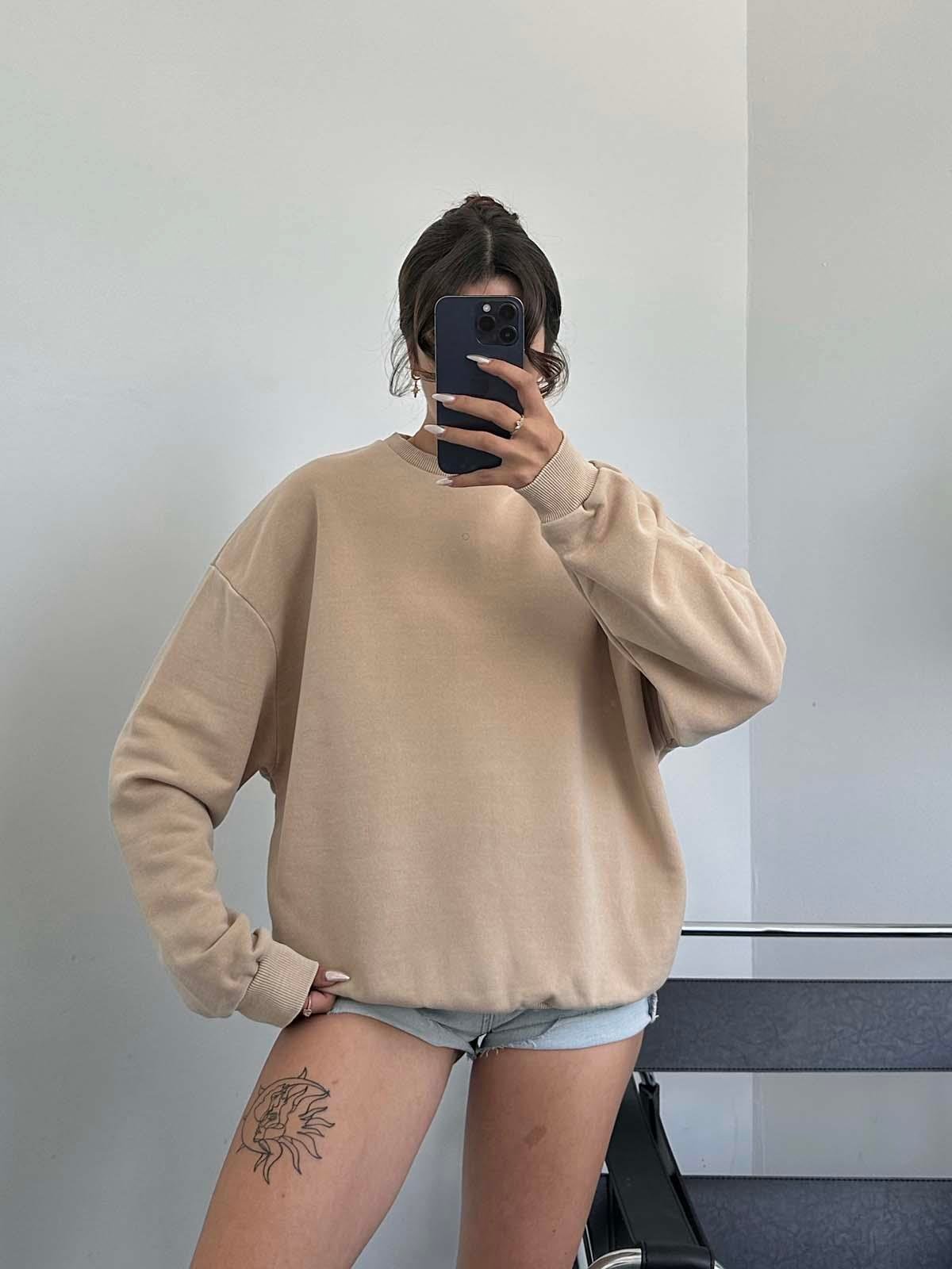 Fred Bej Oversize Yıkamalı Sweatshirt