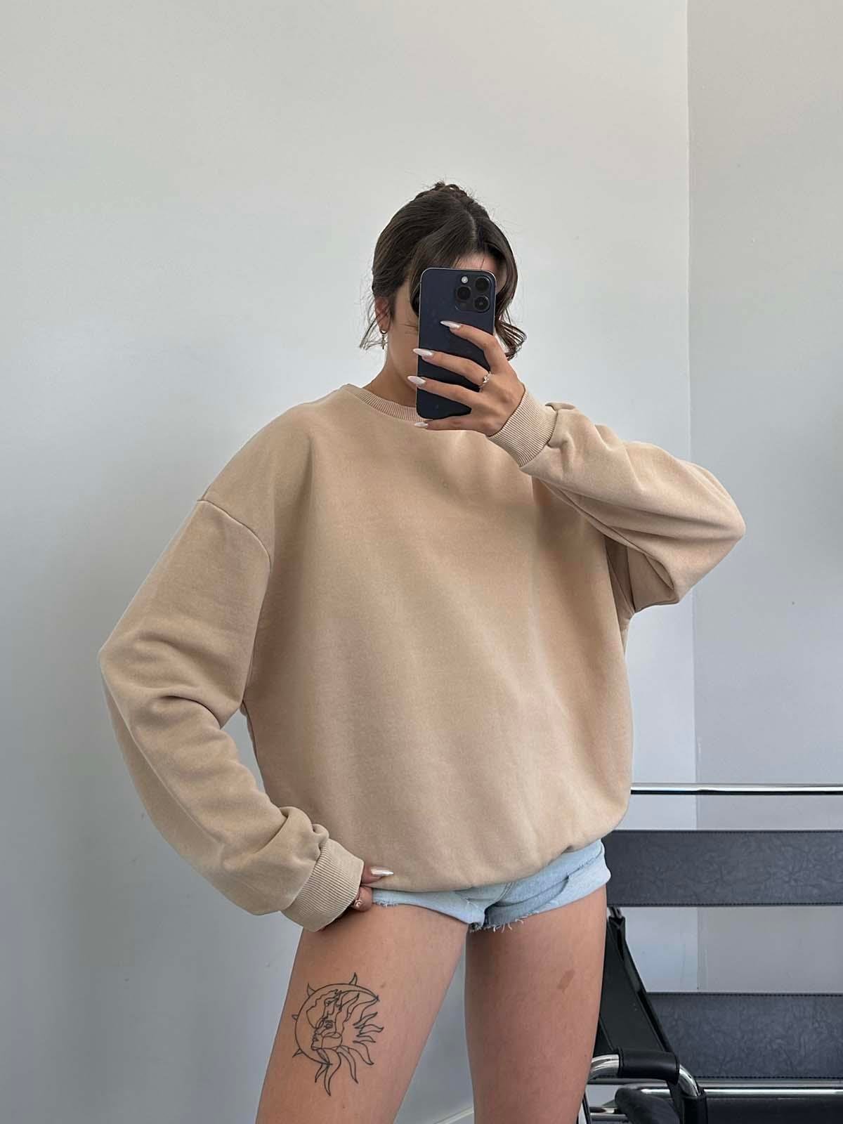 Fred Bej Oversize Yıkamalı Sweatshirt