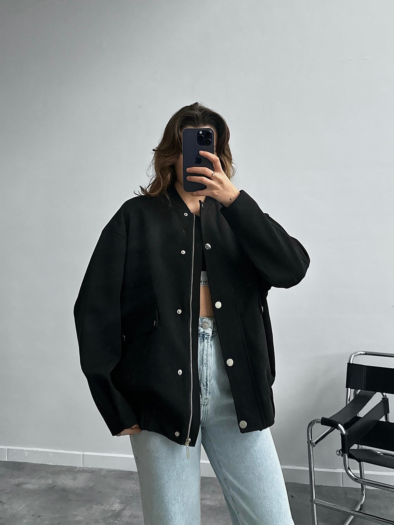 Keven Siyah Oversize Bomber Ceket