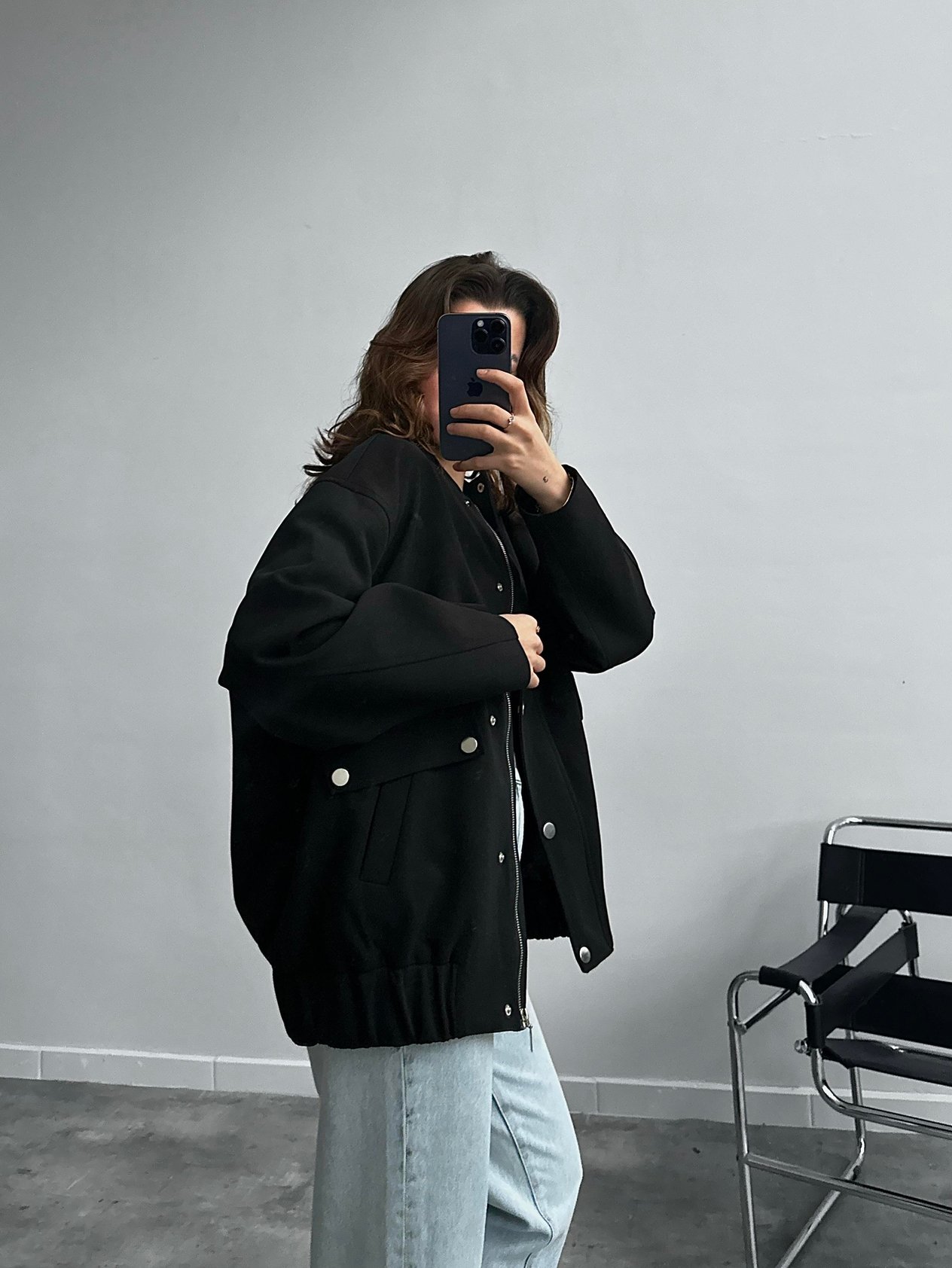 Keven Siyah Oversize Bomber Ceket