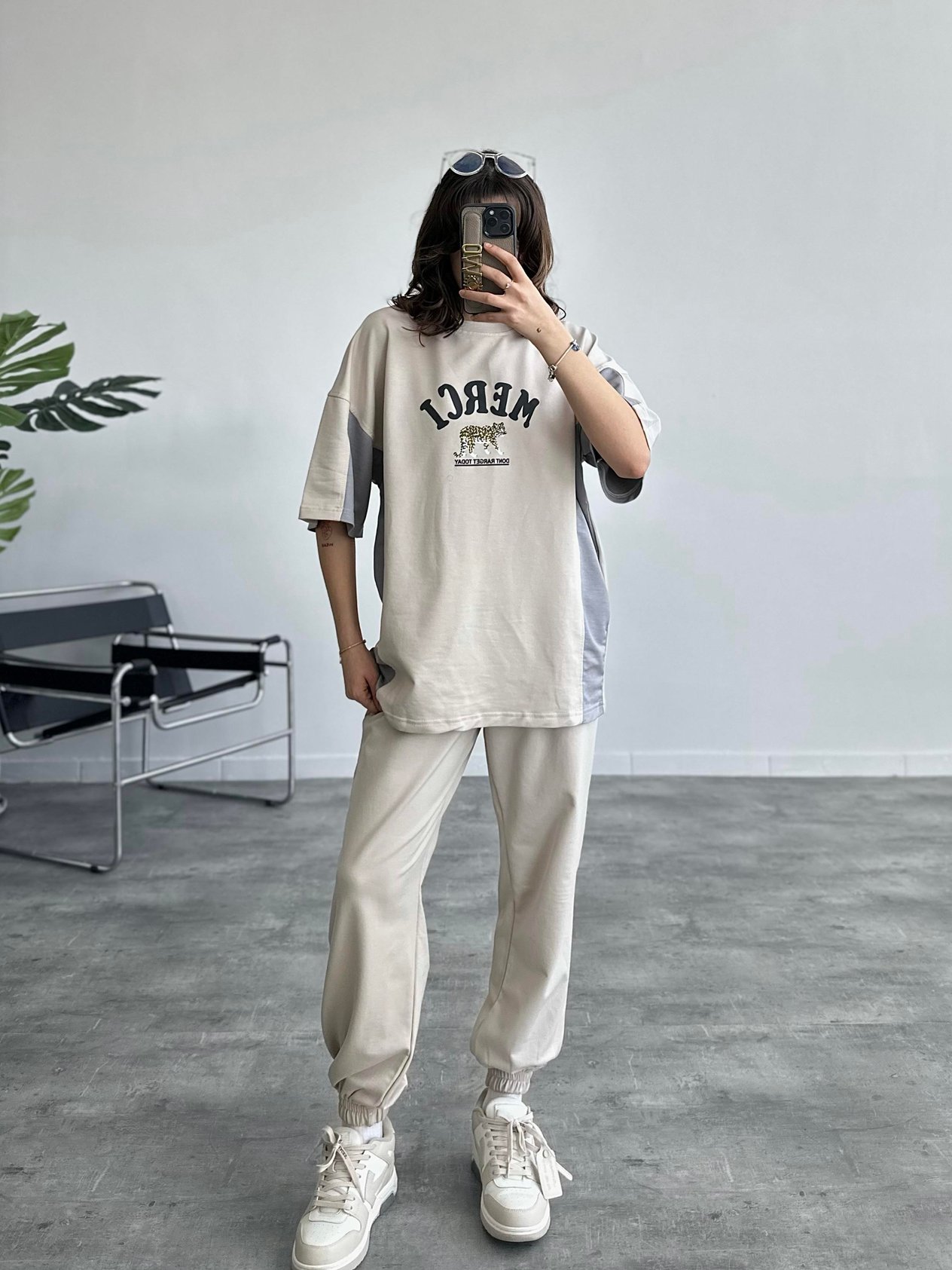 Nore Oversize Bej Tshirt Takım
