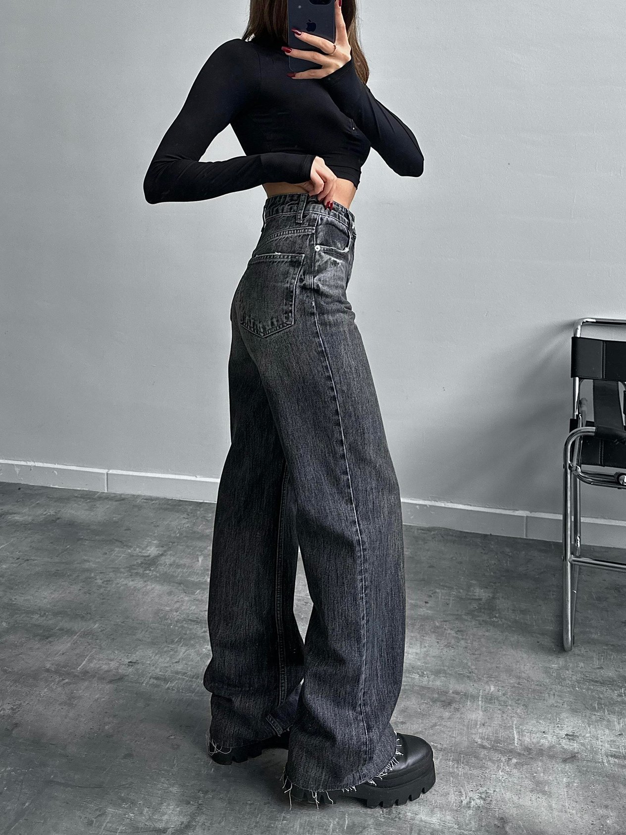 Otoño Ultra Yüksek Bel Gri Yıkamalı Wide Leg Jean