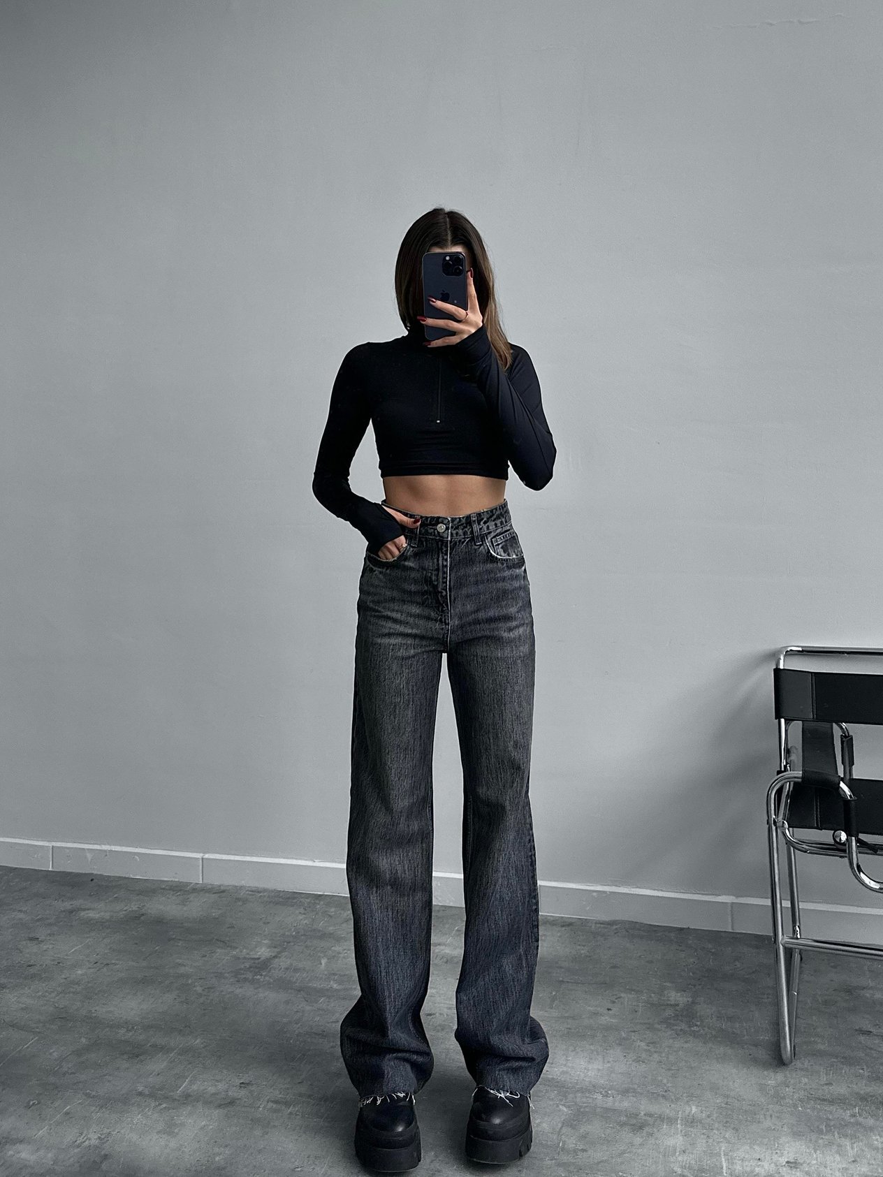 Otoño Ultra Yüksek Bel Gri Yıkamalı Wide Leg Jean