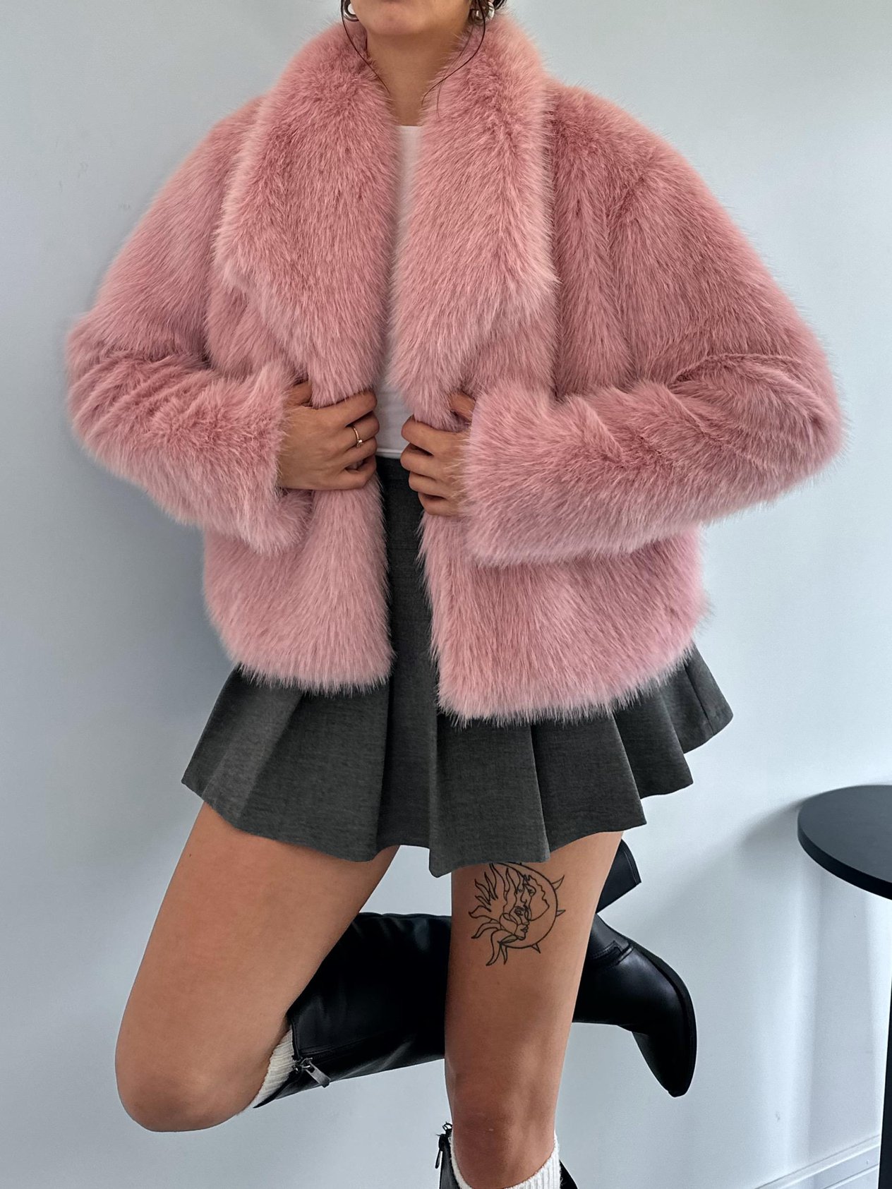 Paulina Şal Yaka Cep Detay Pembe Kürk  Ceket