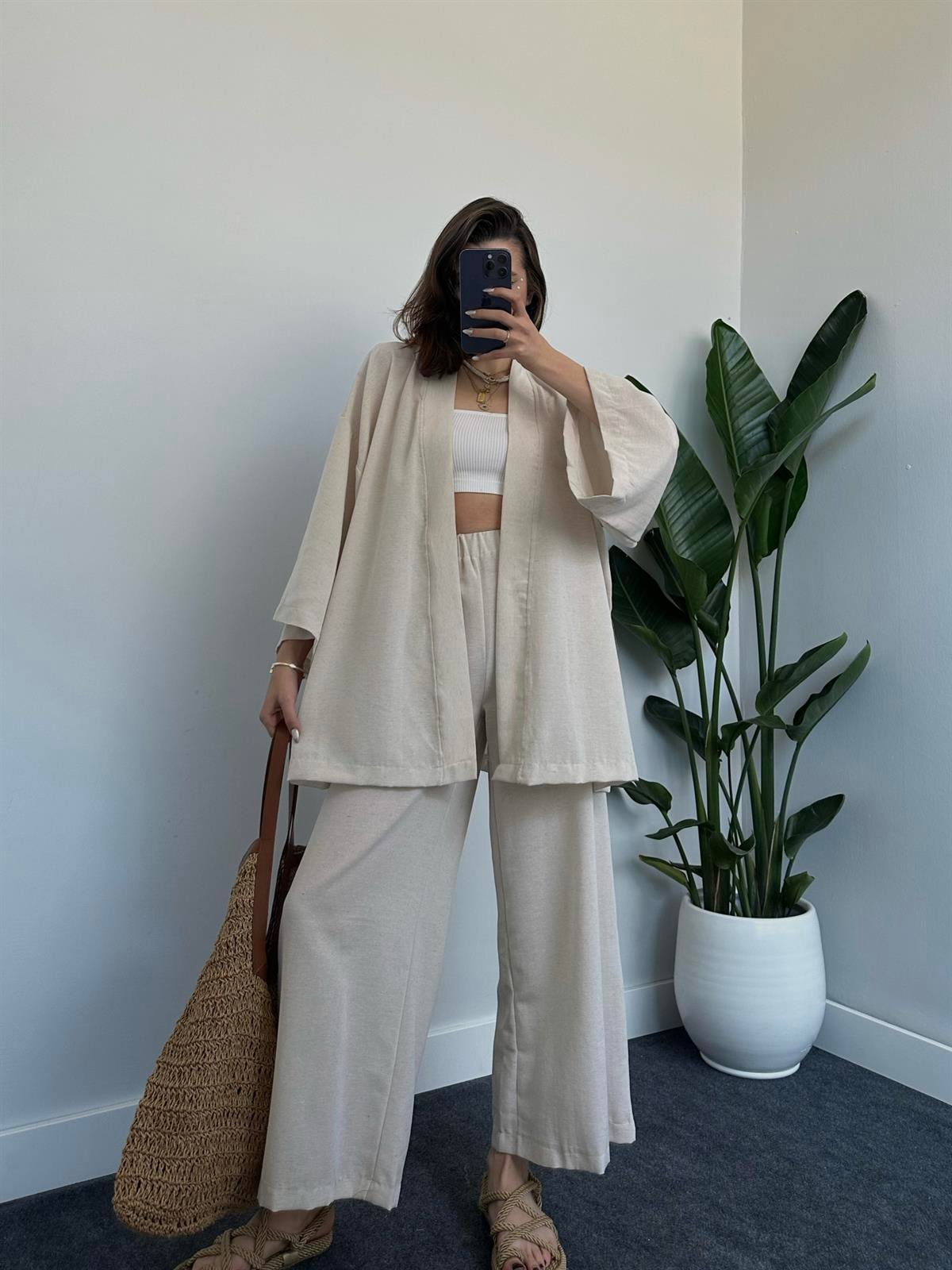 Spring Bej Keten Kimono Takım