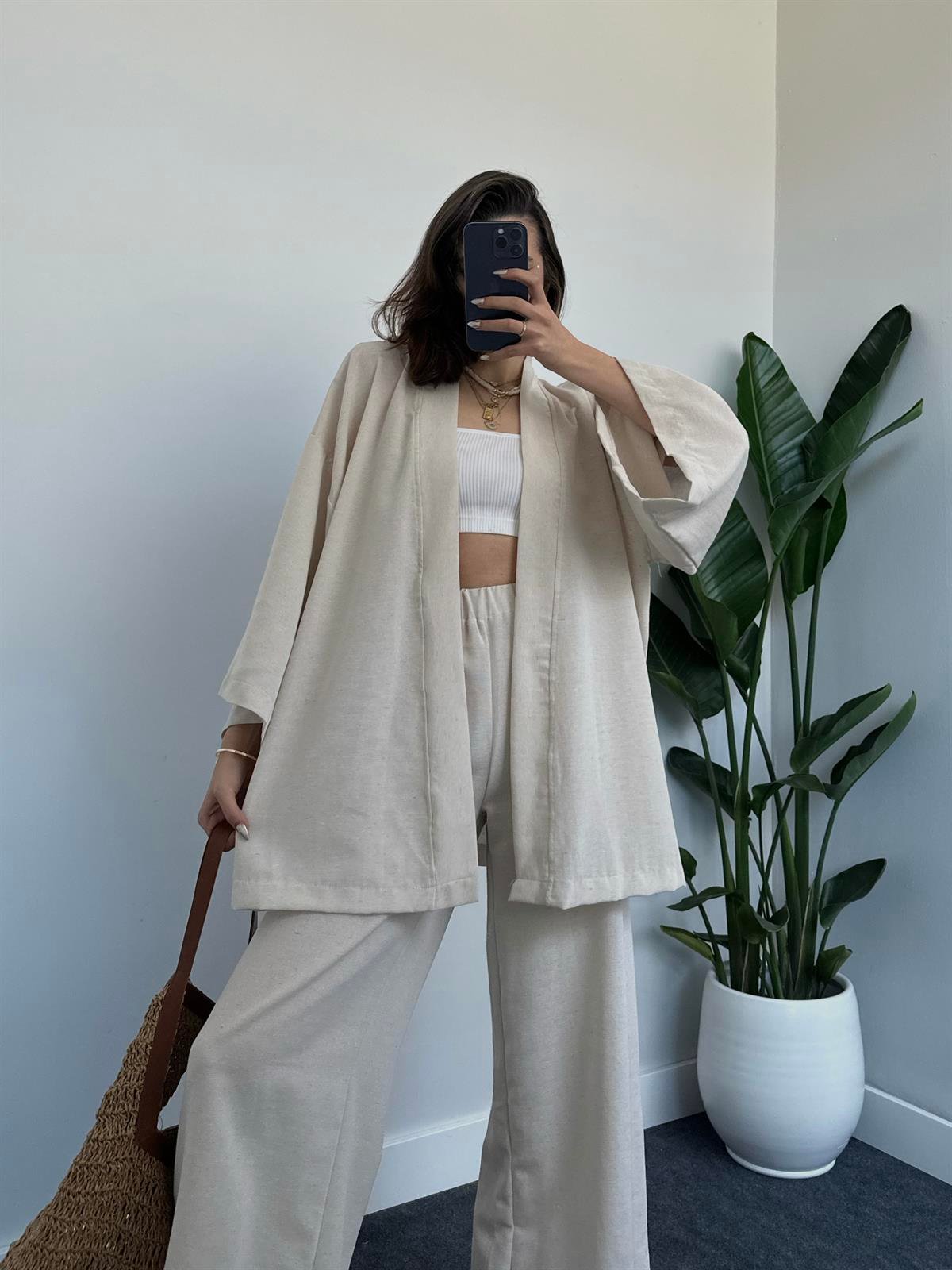 Spring Bej Keten Kimono Takım