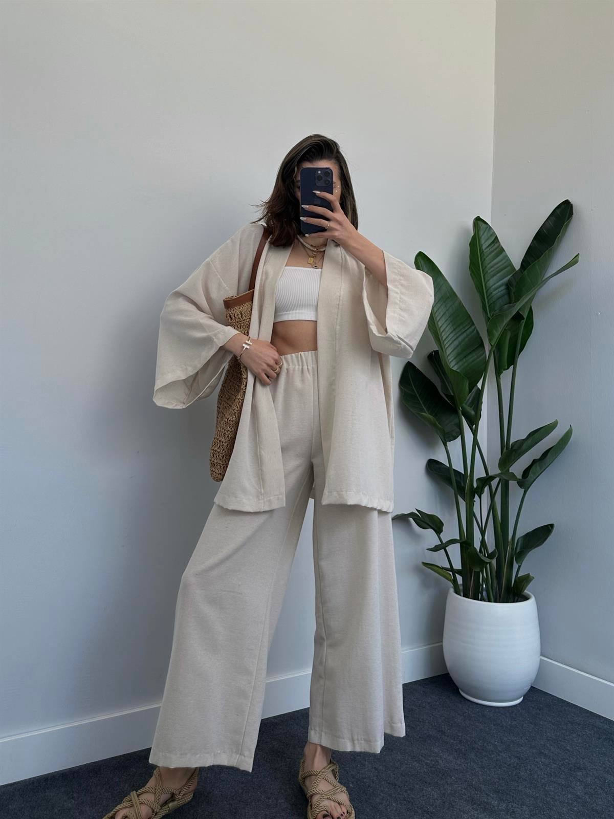 Spring Bej Keten Kimono Takım
