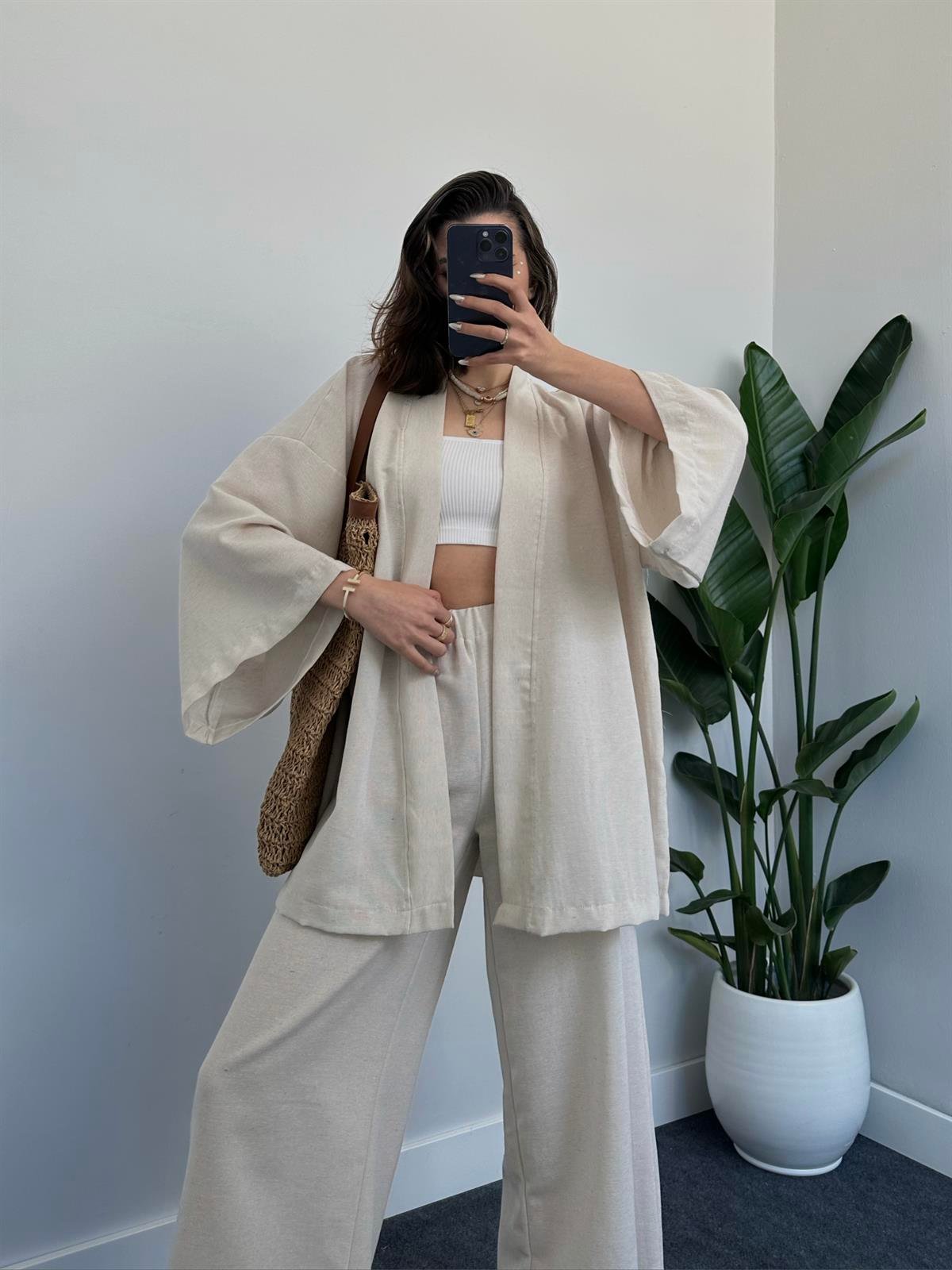 Spring Bej Keten Kimono Takım