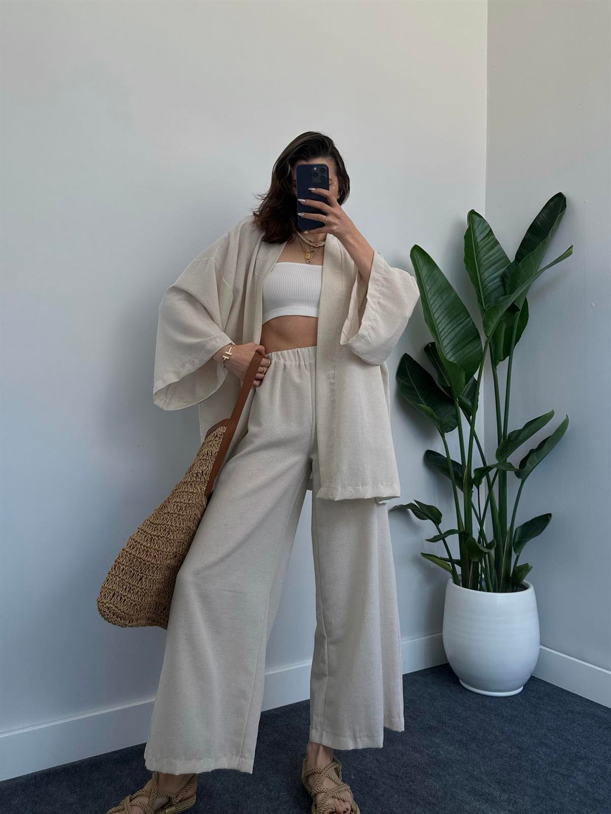 Spring Bej Keten Kimono Takım