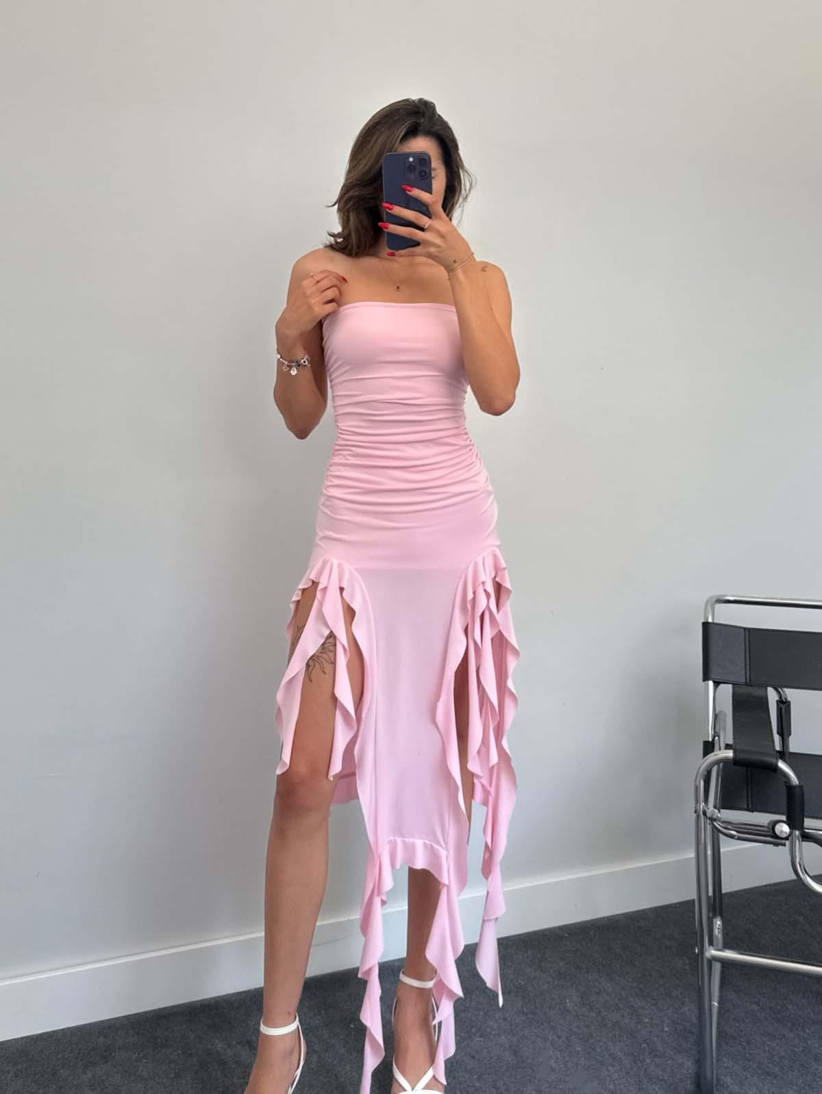 Wome Pembe Püskül Detay Straplez Elbise