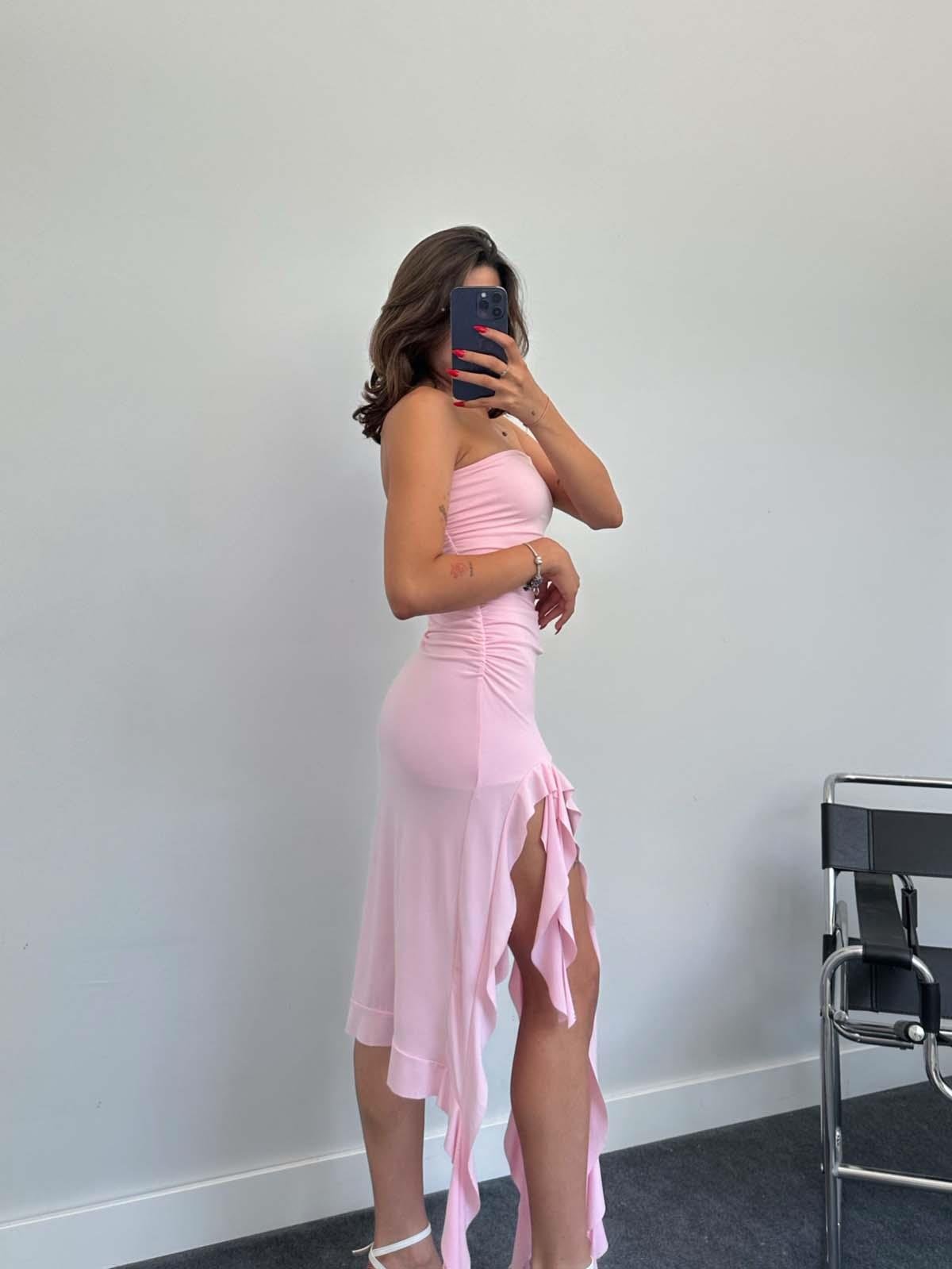 Wome Pembe Püskül Detay Straplez Elbise