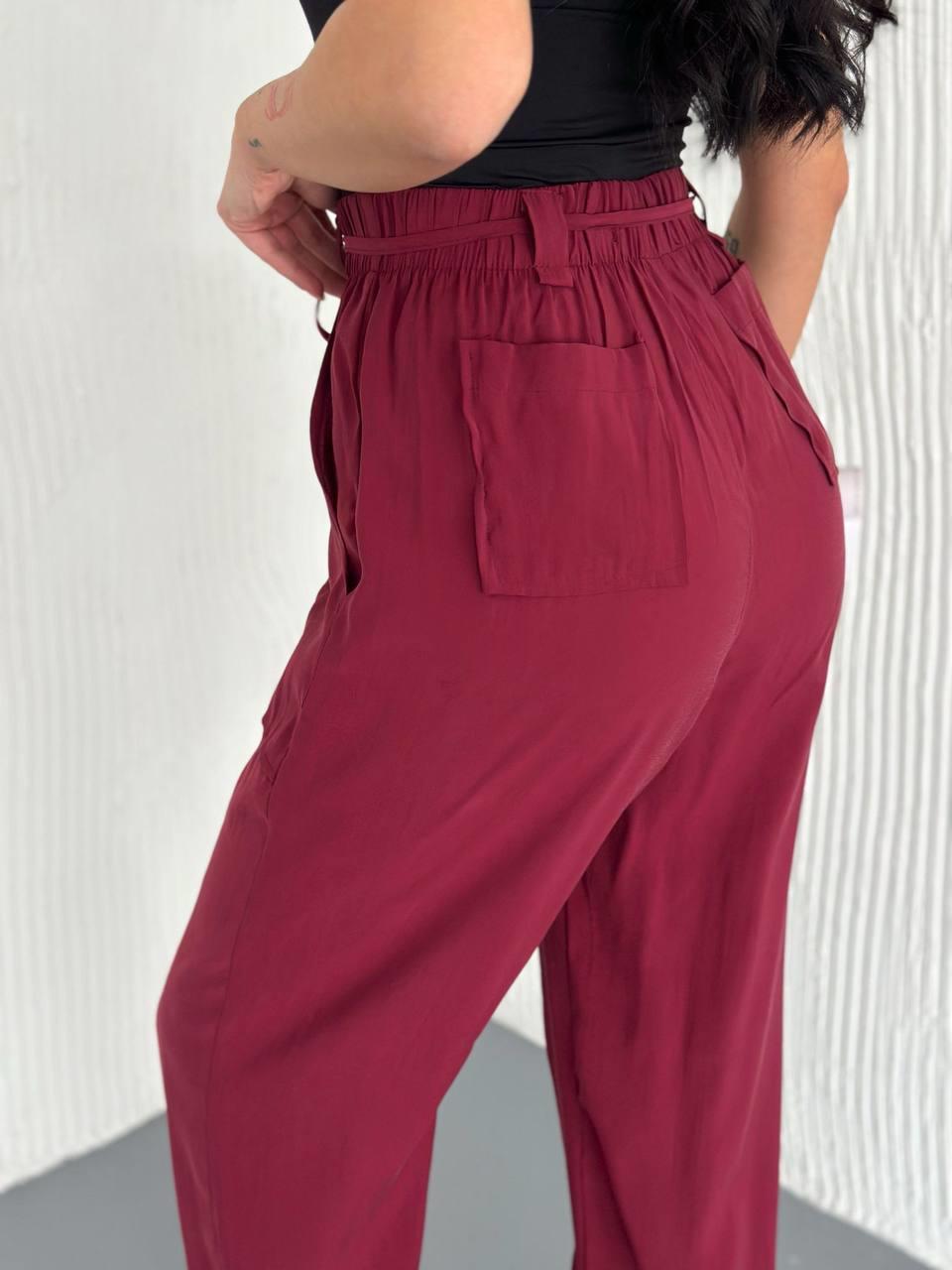 KUŞAKLI BELİ LASTİKLİ MODAL PANTOLON-1866 - BORDO