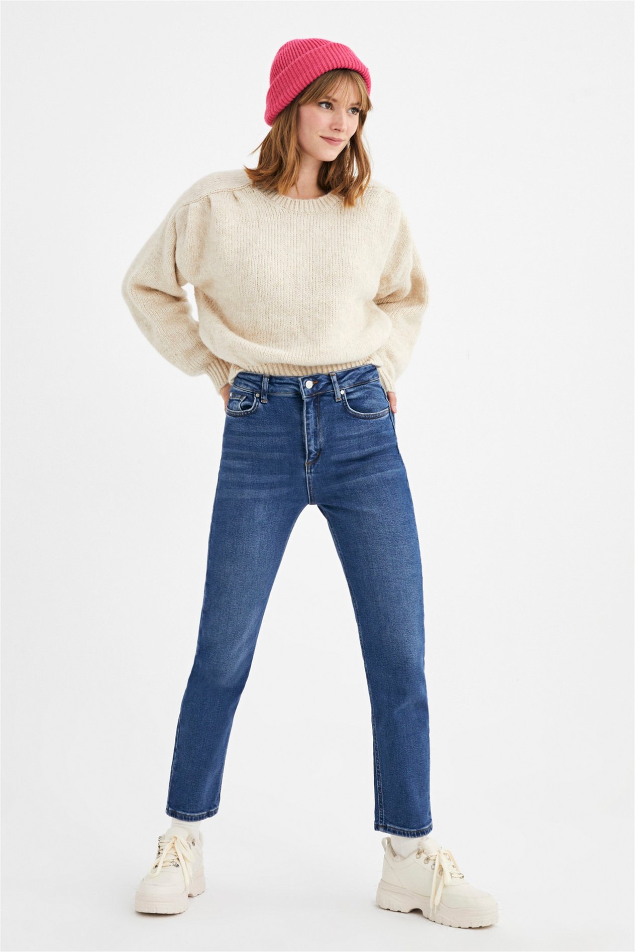 Koyu Mavi Yüksek Bel Slim Mom Jeans