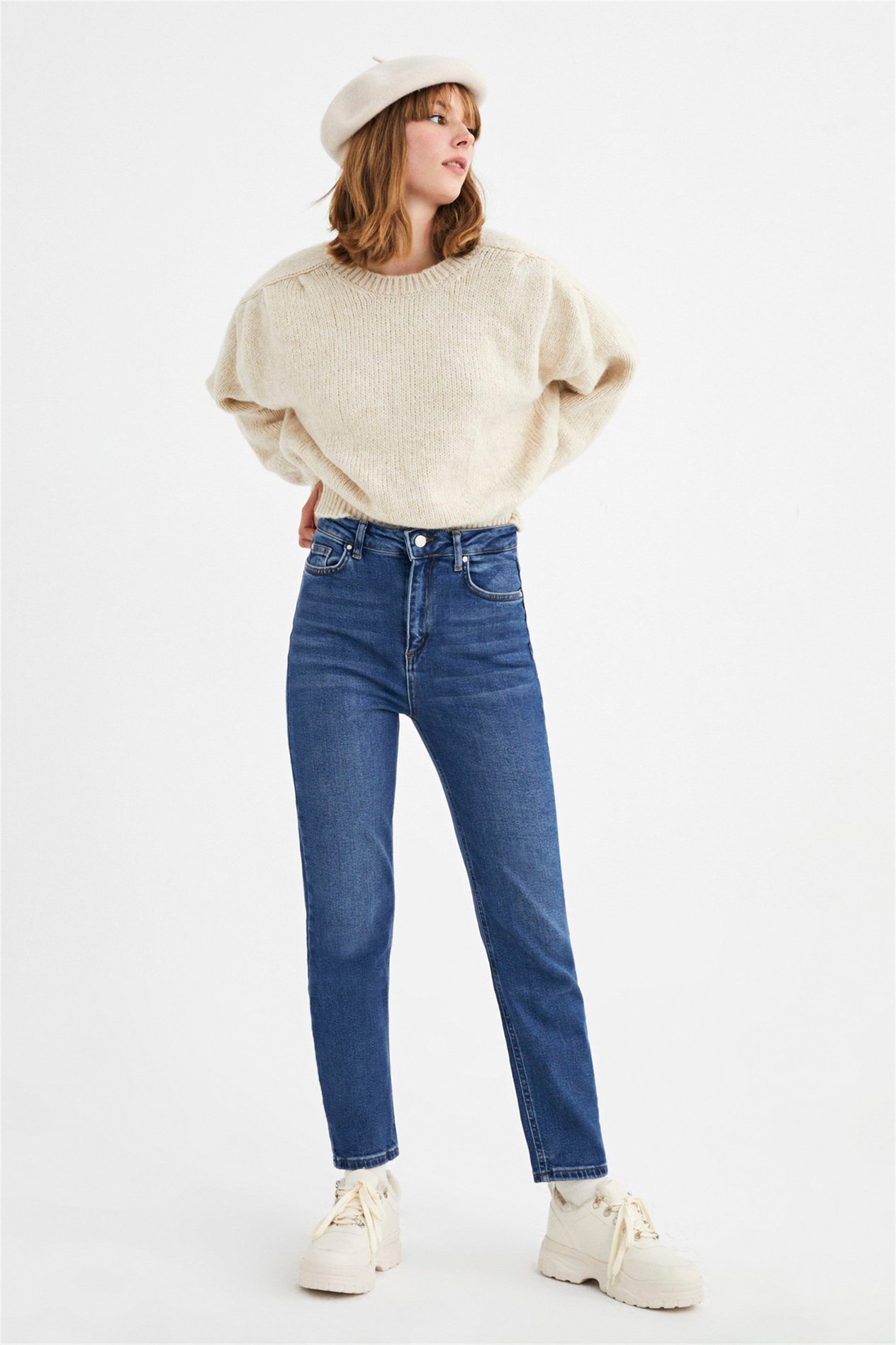 Koyu Mavi Yüksek Bel Slim Mom Jeans