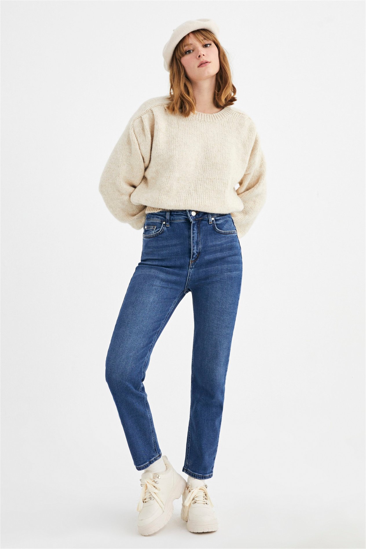 Koyu Mavi Yüksek Bel Slim Mom Jeans