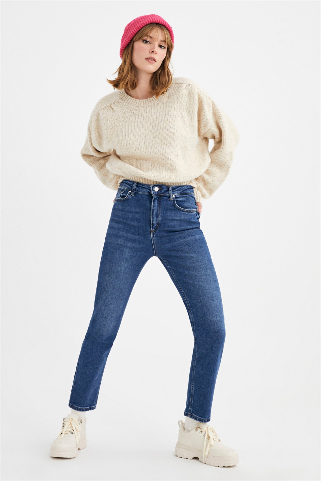 Koyu Mavi Yüksek Bel Slim Mom Jeans