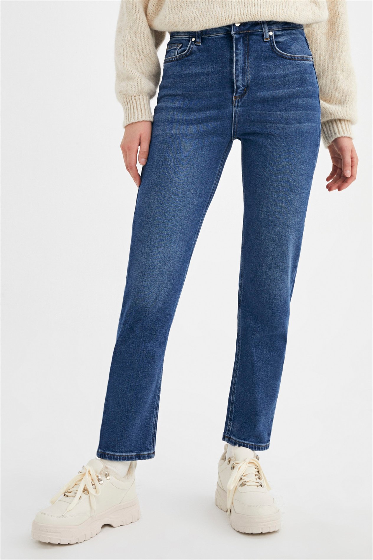 Koyu Mavi Yüksek Bel Slim Mom Jeans