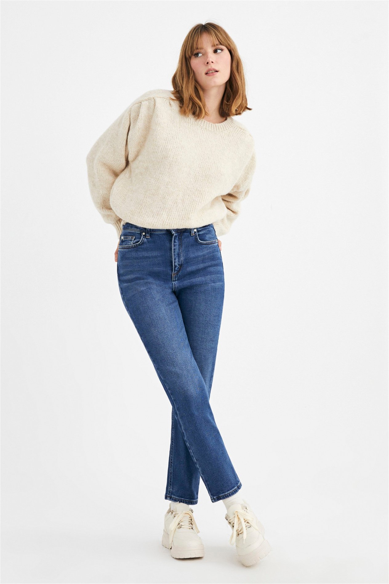 Koyu Mavi Yüksek Bel Slim Mom Jeans