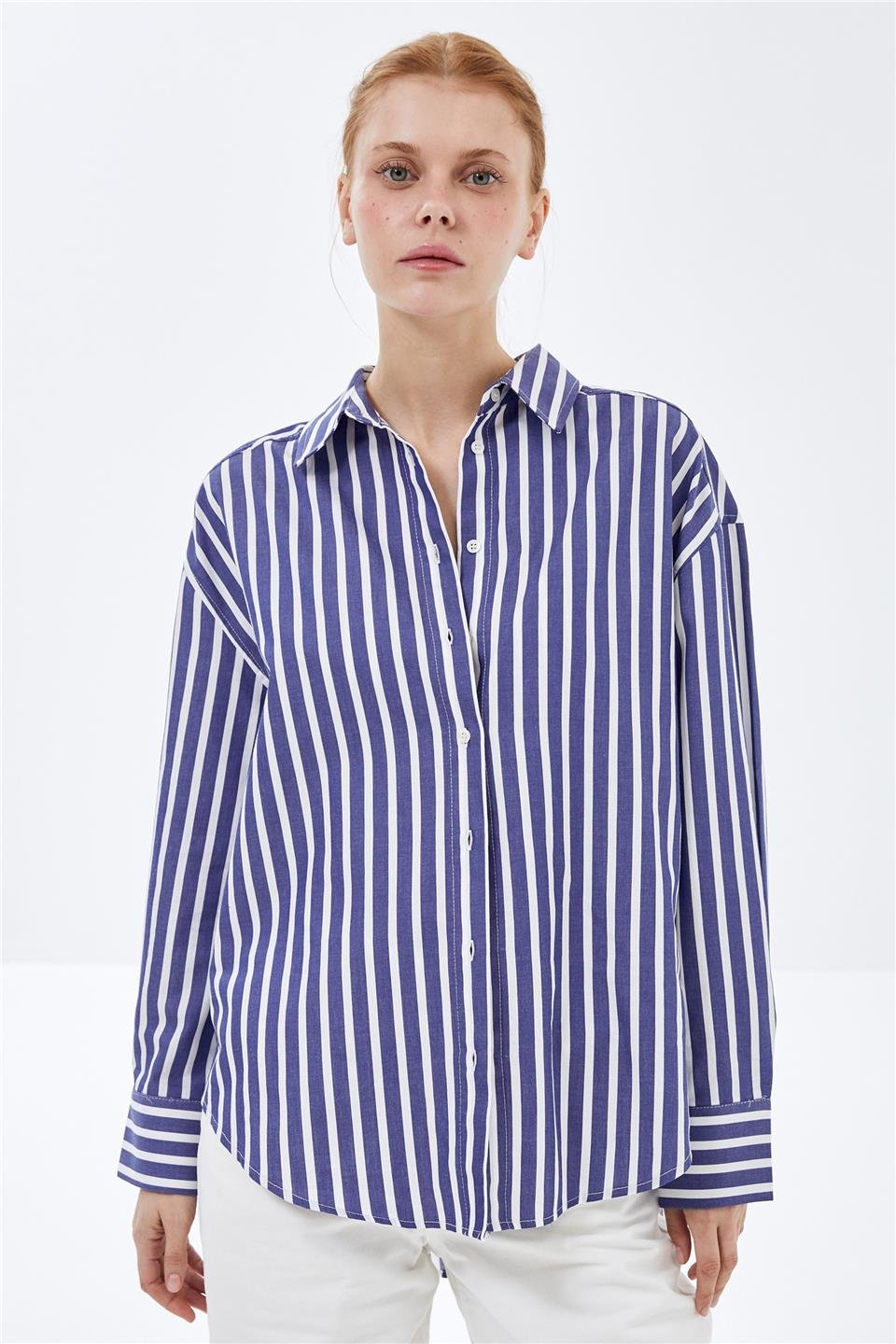 Lacivert-Beyaz cizgili Basic Oversize Gömlek