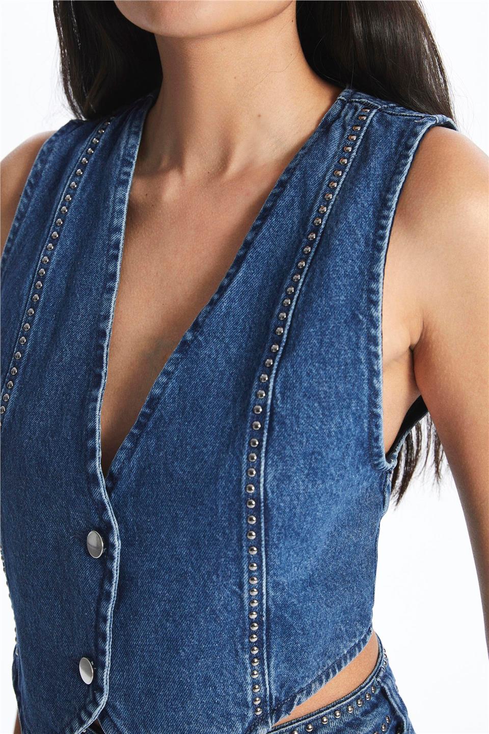 Mavi Trok Süslemeli Denim Yelek