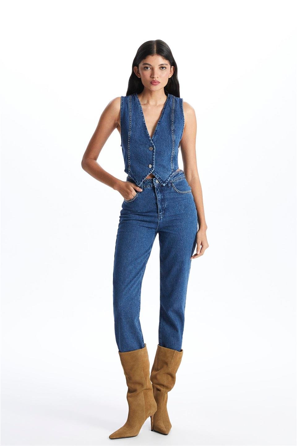 Mavi Trok Süslemeli Denim Yelek