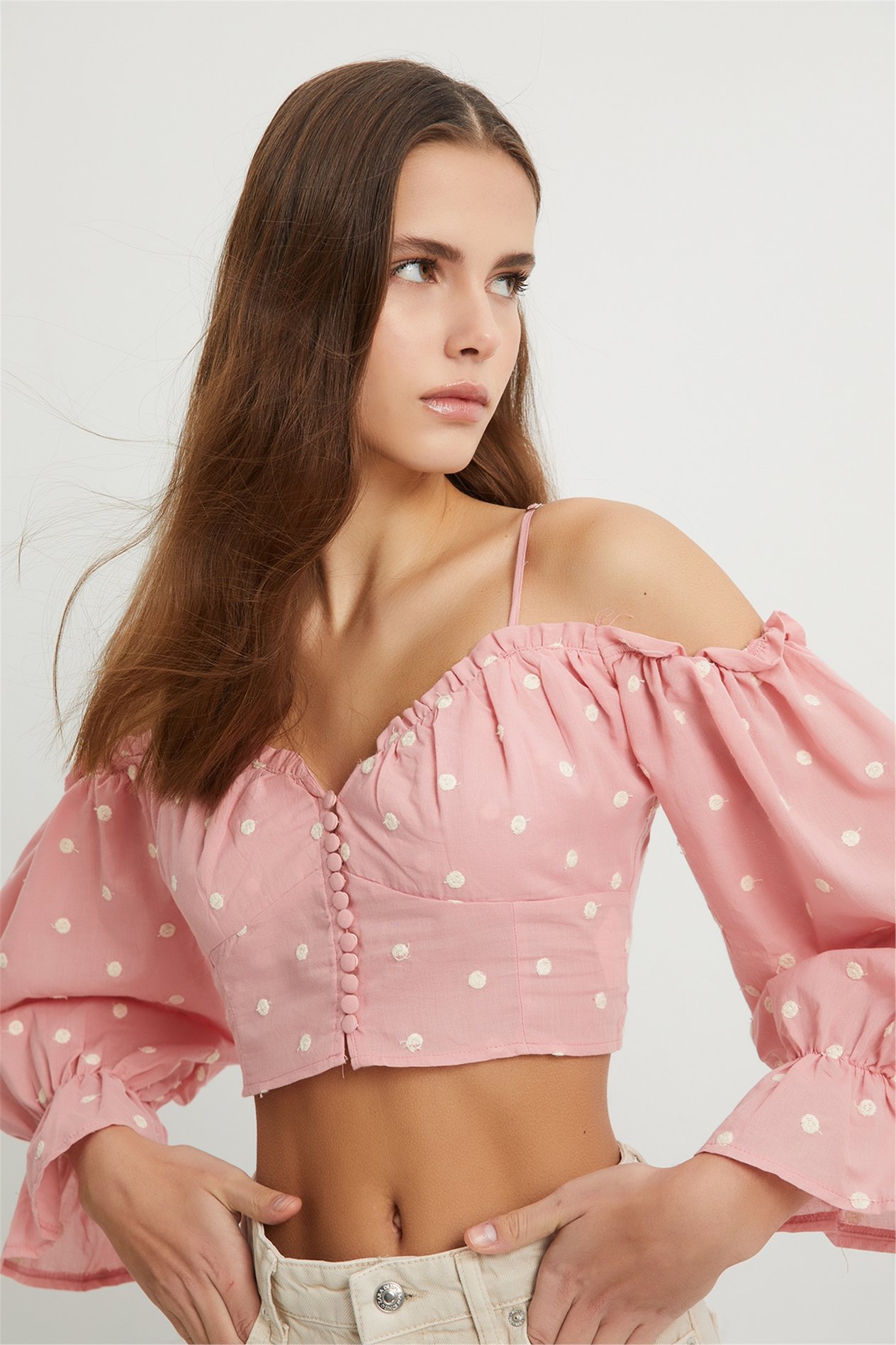 Pembe Nakışlı Crop Bluz
